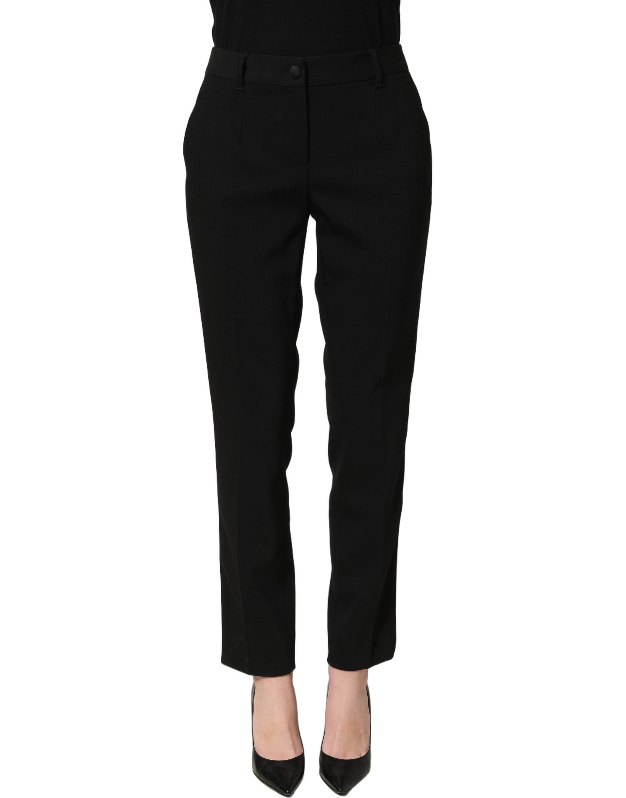 Pantalon femme Dolce & Gabbana, pantalon droit taille haute noir, tissu fluide et élégance, vue de face.