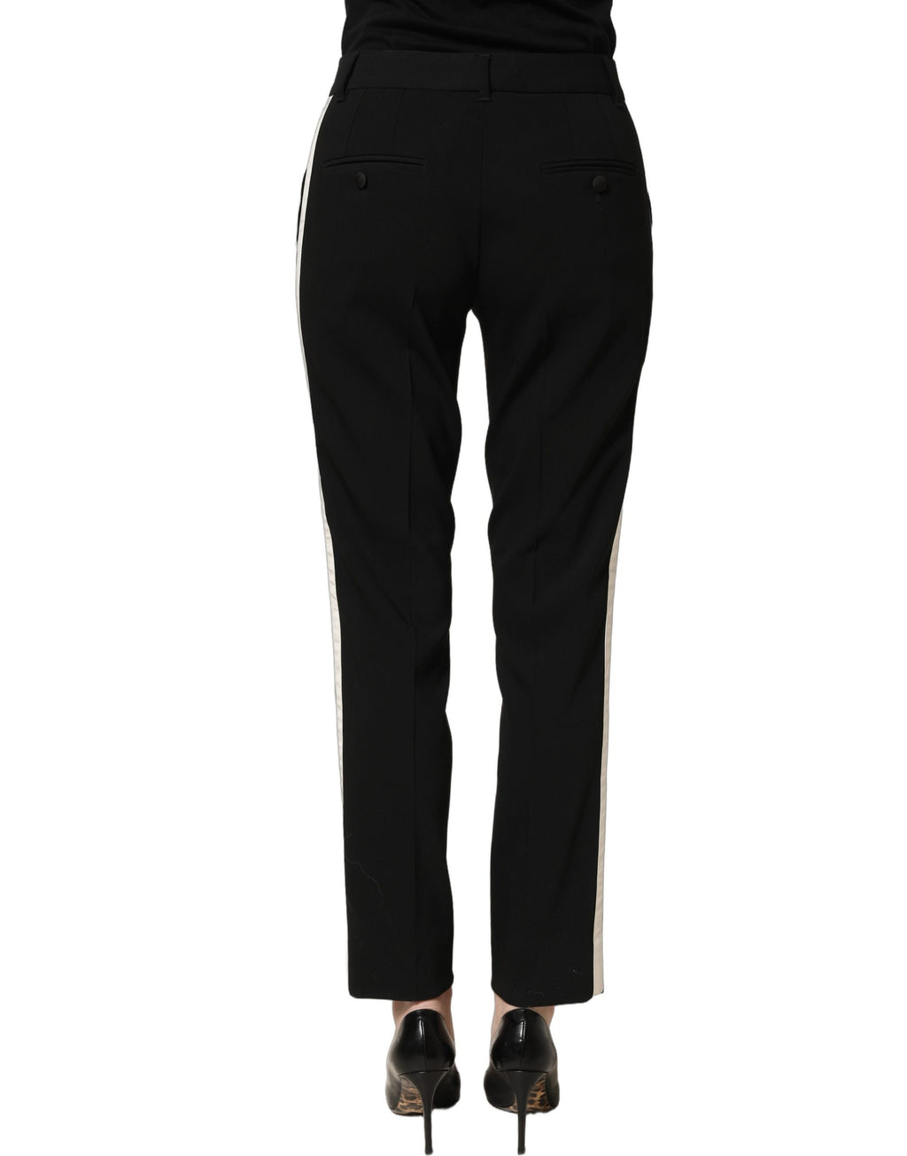 Pantalon Dolce & Gabbana noir, taille haute, coupe droite, pantalon habillé en tissu élégant, porté sur un mannequin.
