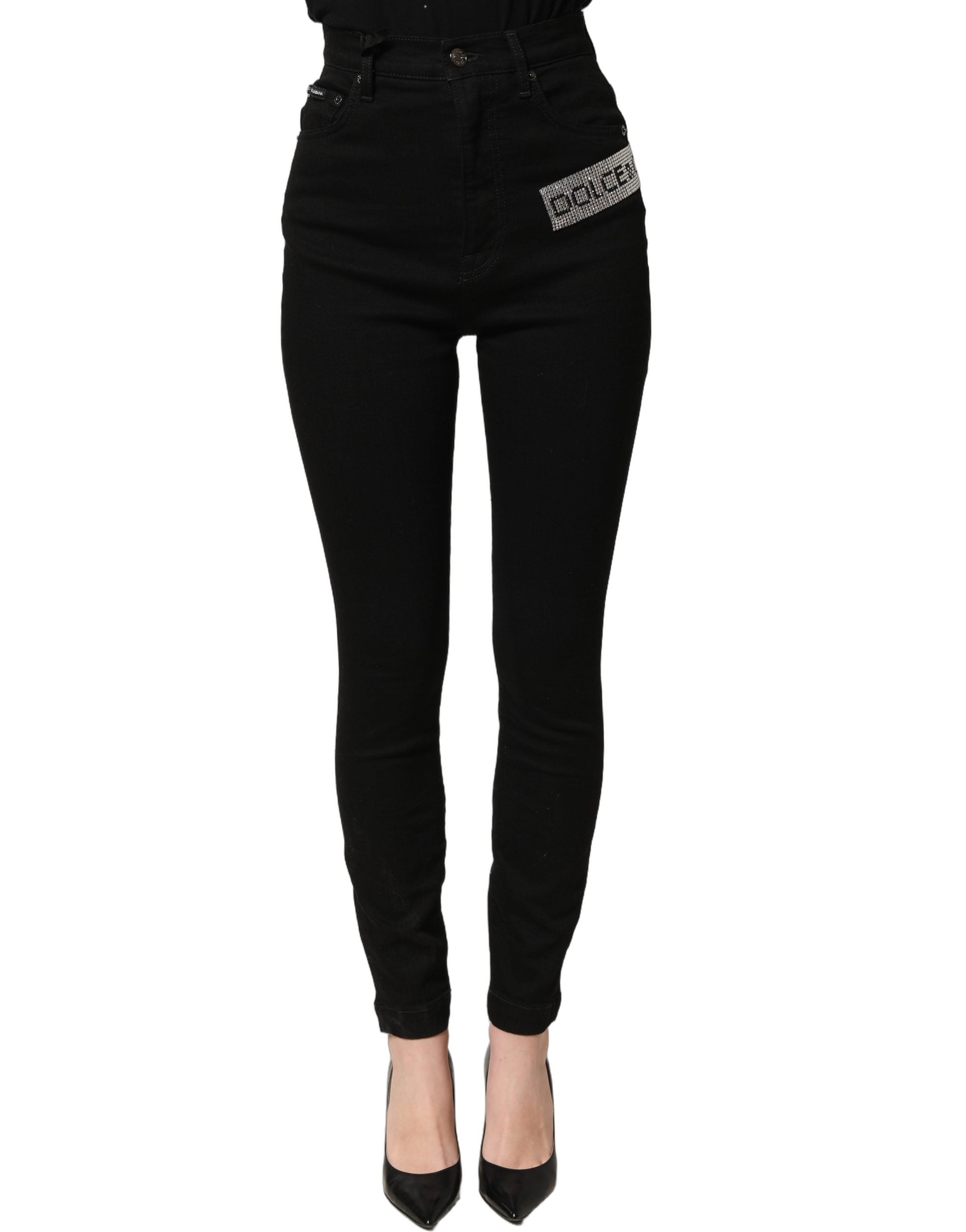 Jeans en denim noirs Dolce & Gabbana Grace avec taille haute et broderies de strass, visible sur cette image.