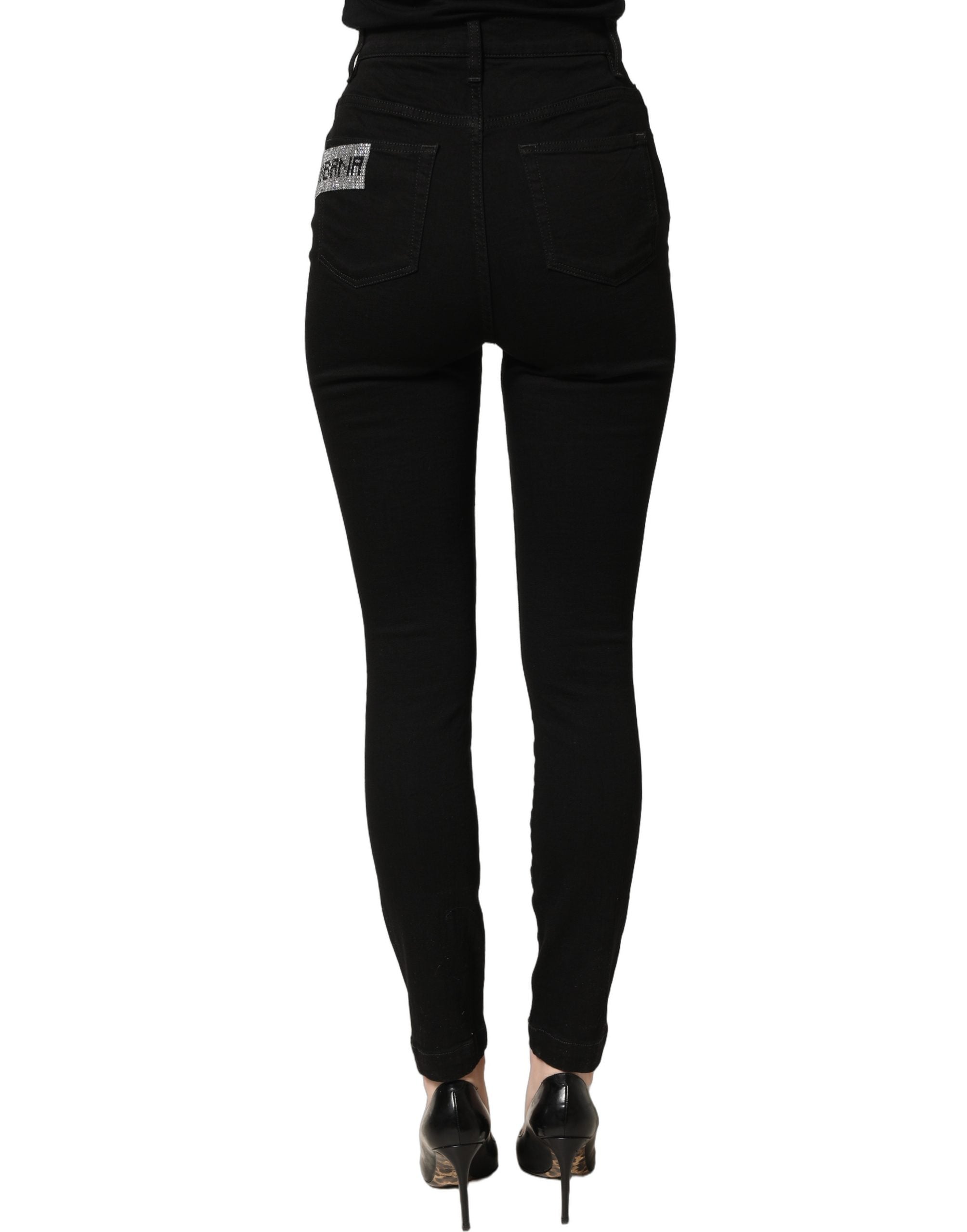 Jeans en denim noir Dolce & Gabbana Grace à taille haute ornés de strass, vue de face avec détails visibles.