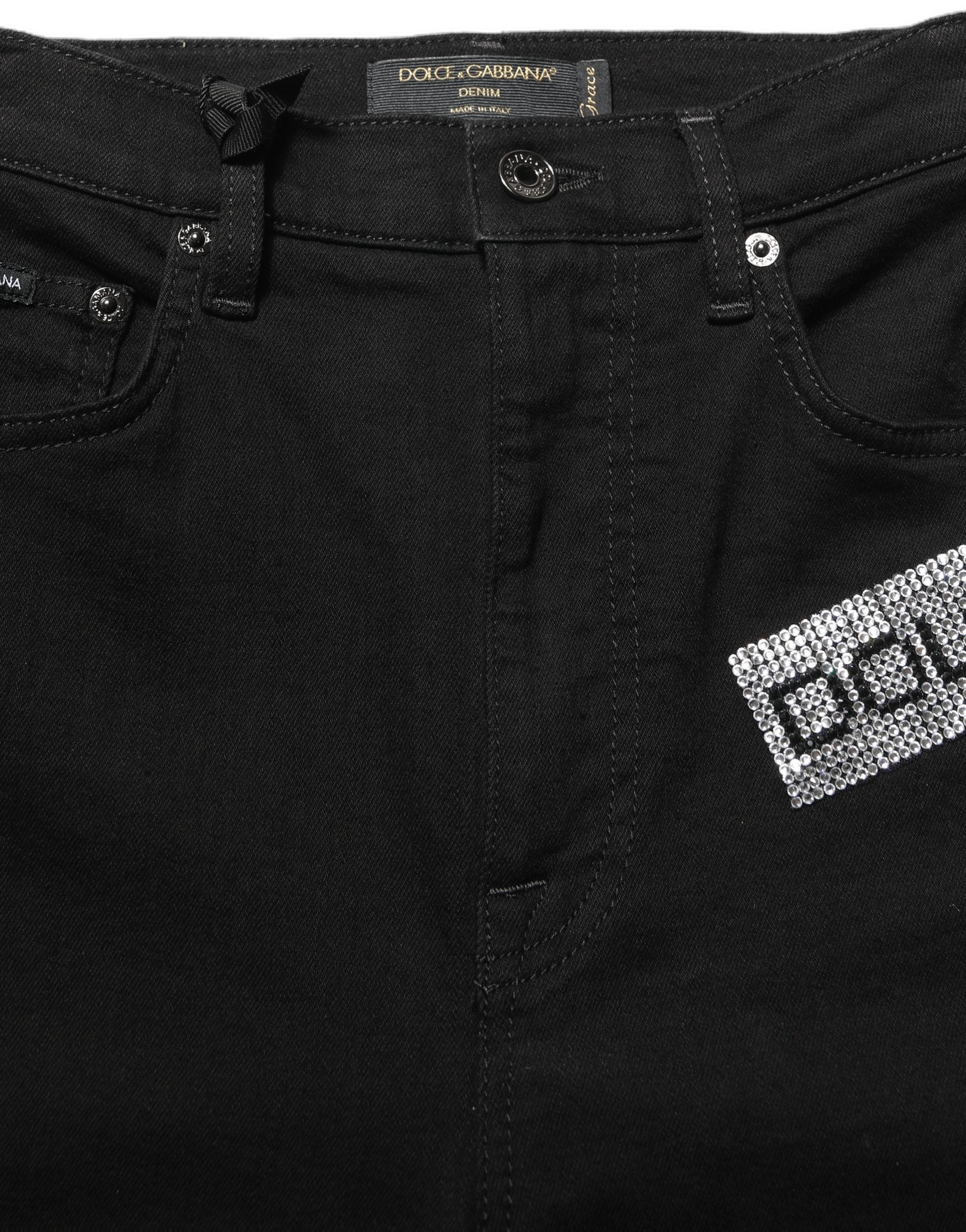 Jeans en denim noir Dolce & Gabbana Grace à taille haute ornés de strass, mode élégante et tendance.