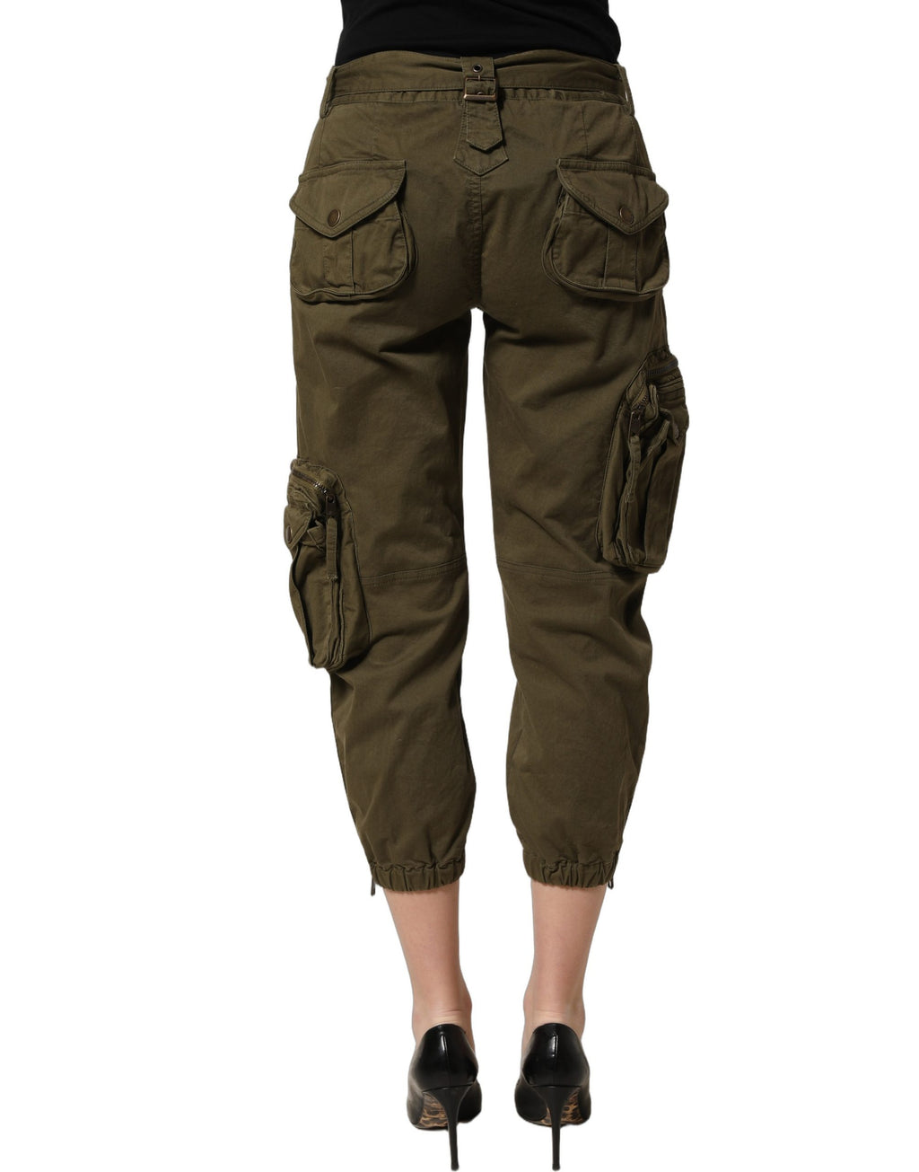 Pantalon cargo taille haute vert olive Dolce & Gabbana, pantalon ample avec poches latérales, style tendance et élégant.