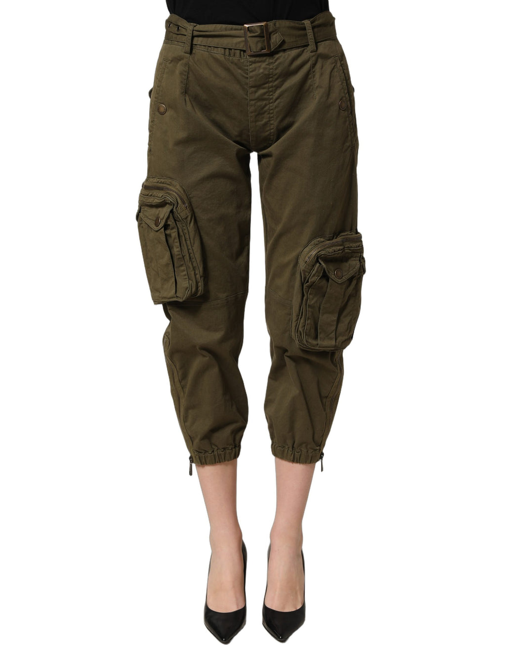 Pantalon cargo vert olive Dolce & Gabbana à taille haute, matière légère, avec poches latérales et coupe moderne.