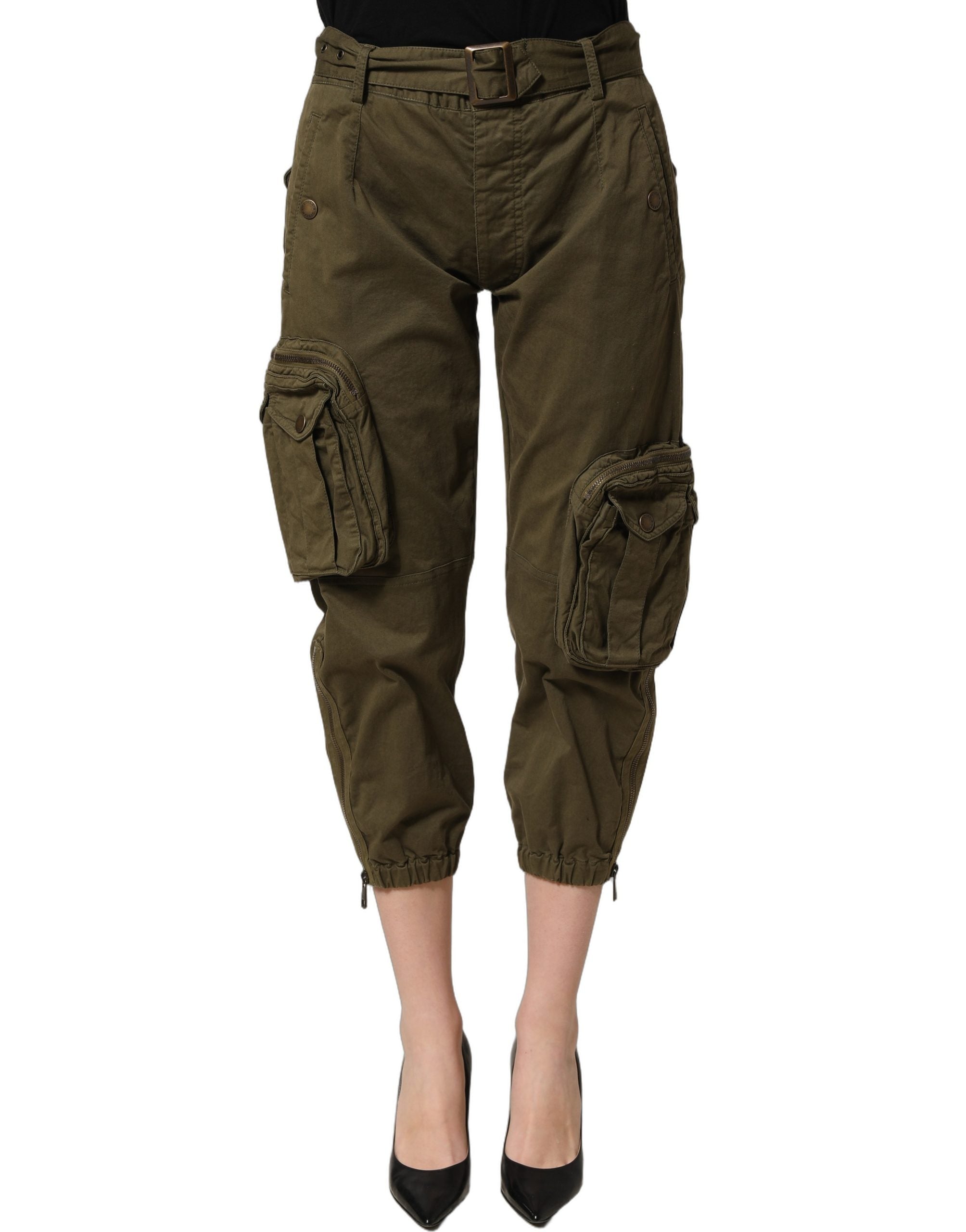 Pantalon cargo vert olive Dolce & Gabbana à taille haute, matière légère, avec poches latérales et coupe moderne.