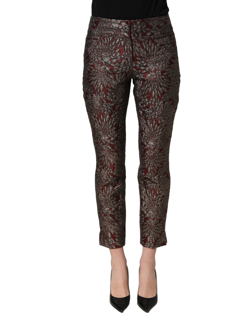Pantalon droit Dolce & Gabbana en jacquard floral bordeaux et gris, look élégant et tendance.