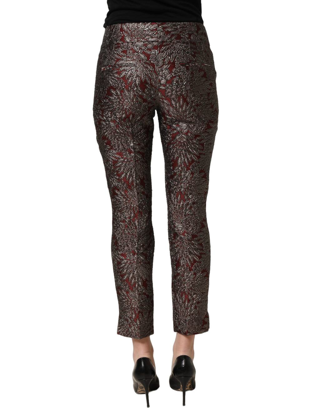 Pantalons droits Dolce & Gabbana en jacquard floral bordeaux et gris, style élégant et sophistiqué.
