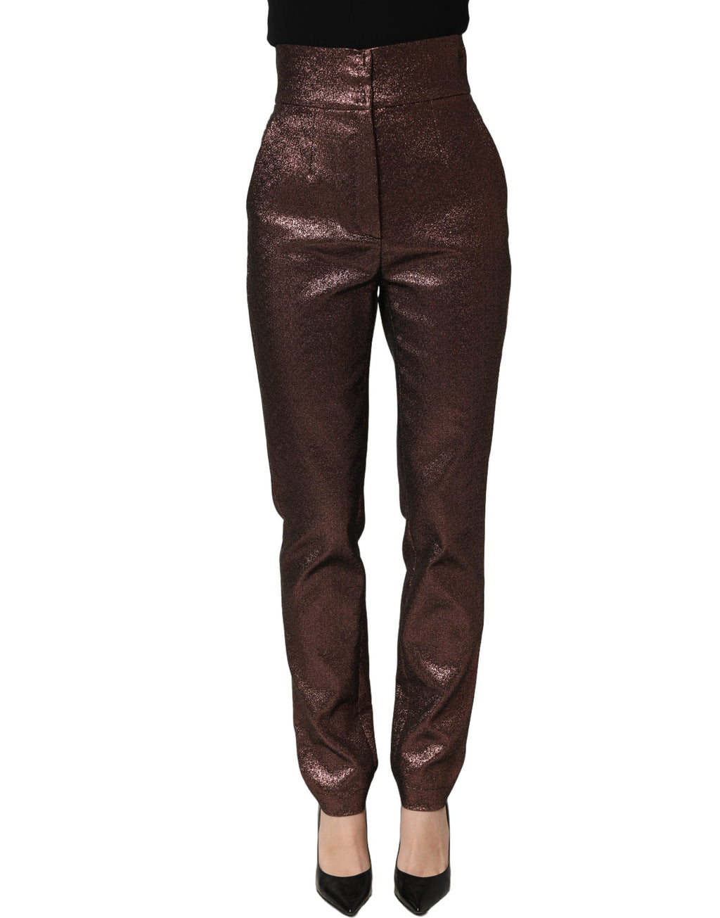 Pantalon en métal brun à taille haute et jambes tapered de Dolce & Gabbana, style élégant et moderne.