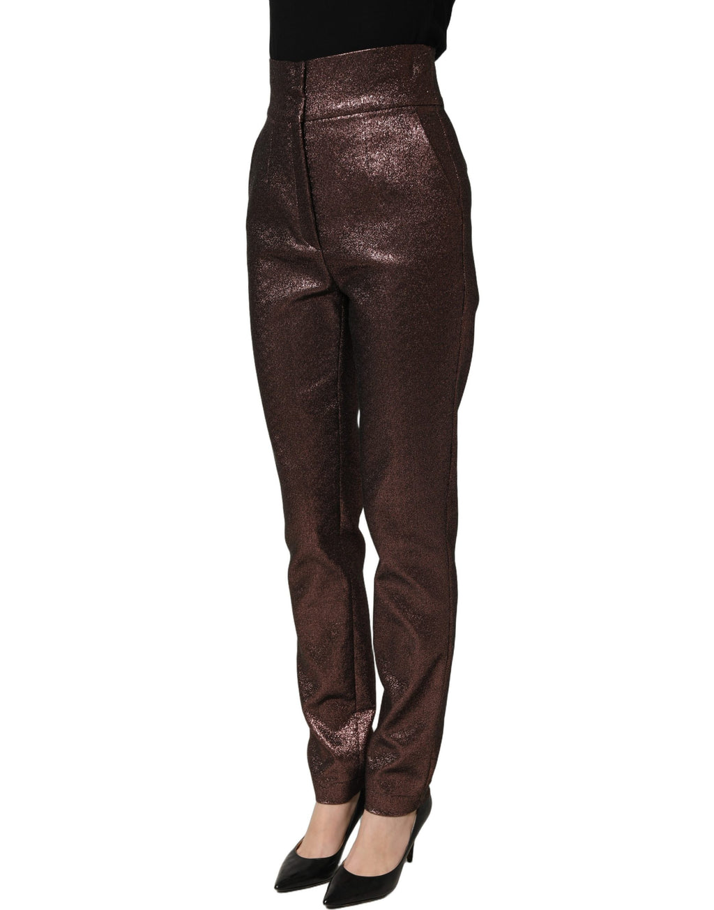 Pantalon en métal marron à taille haute et jambes fuselées de Dolce & Gabbana, mode élégante et sophistiquée.
