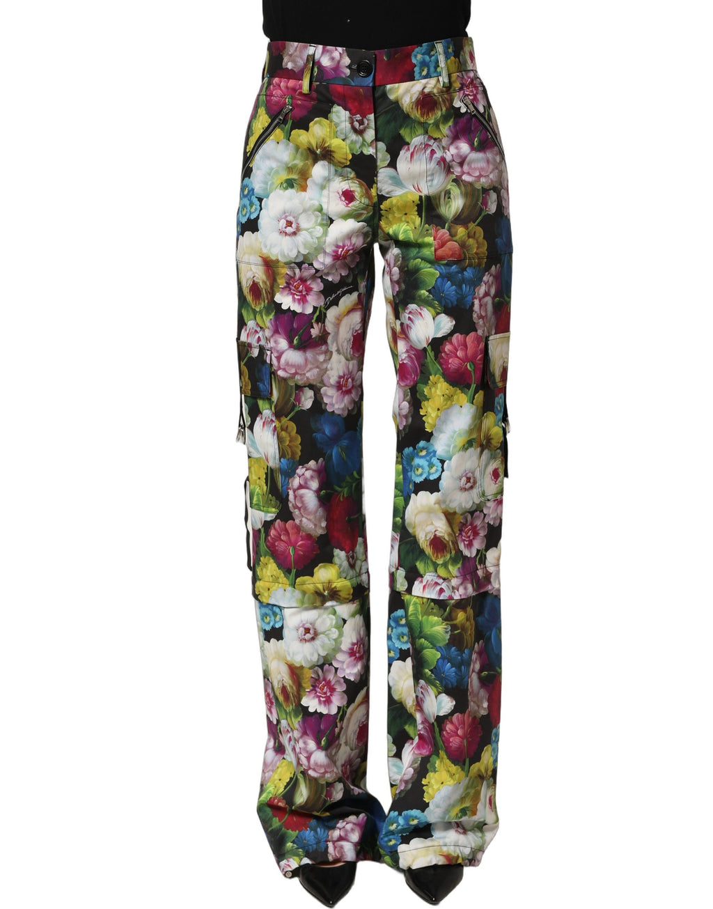 Pantalon large à taille haute Dolce & Gabbana à fleurs multicolores, style fluide et élégant.