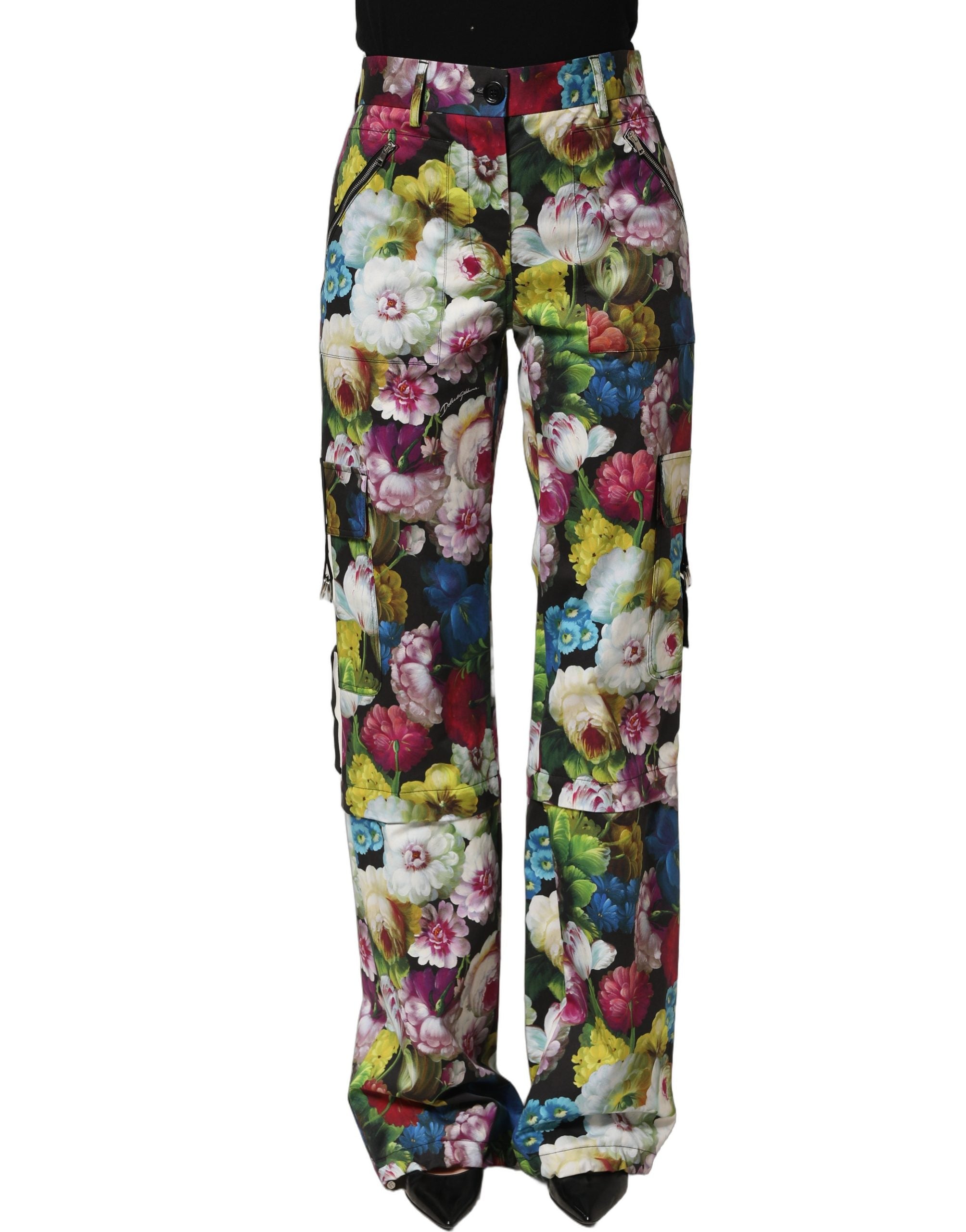 Pantalon large à taille haute à fleurs multicolores de Dolce & Gabbana, style élégant et vibrant, coupe fluide.