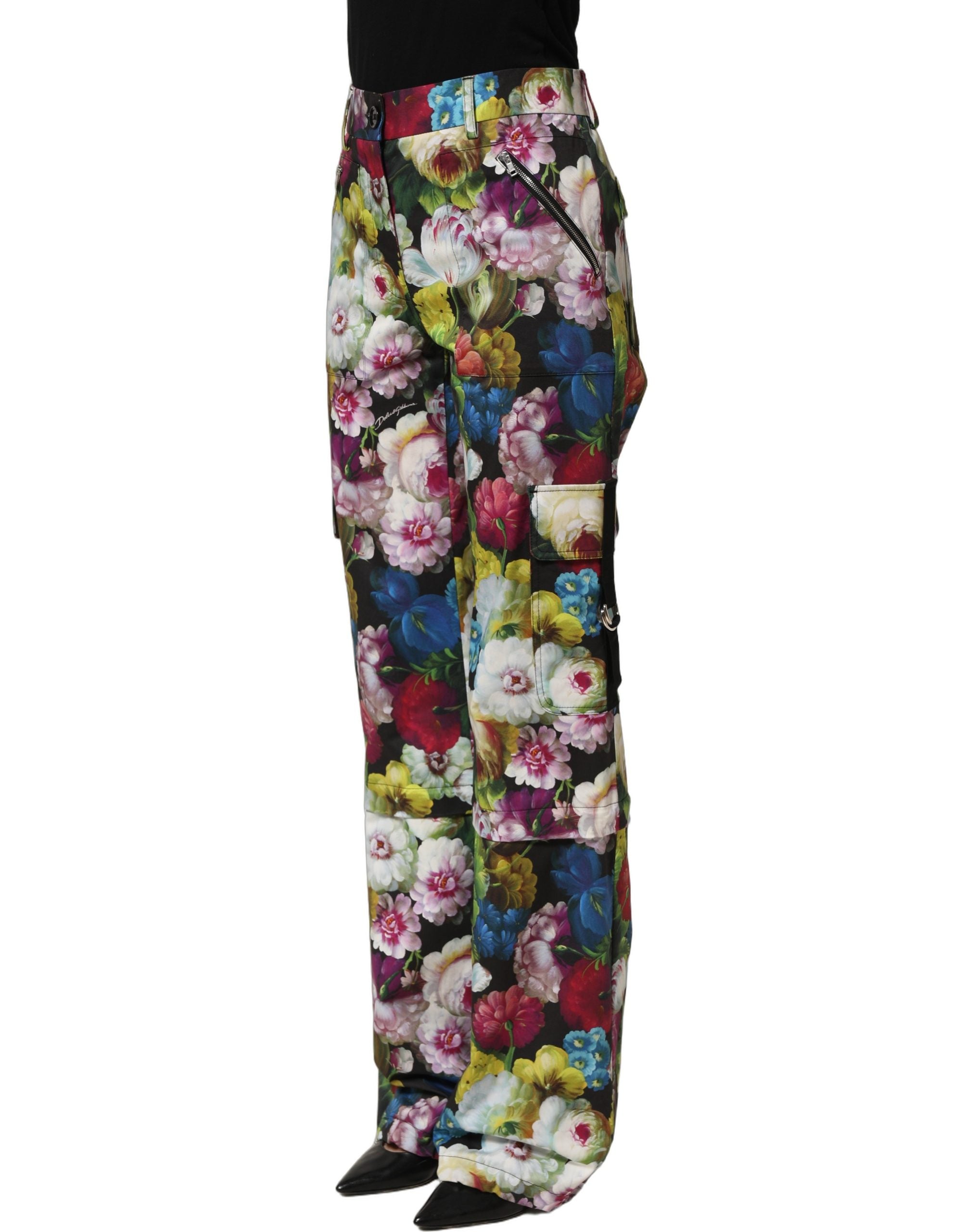 Pantalon large à taille haute Dolce & Gabbana à fleurs multicolores, style élégant et tendance.