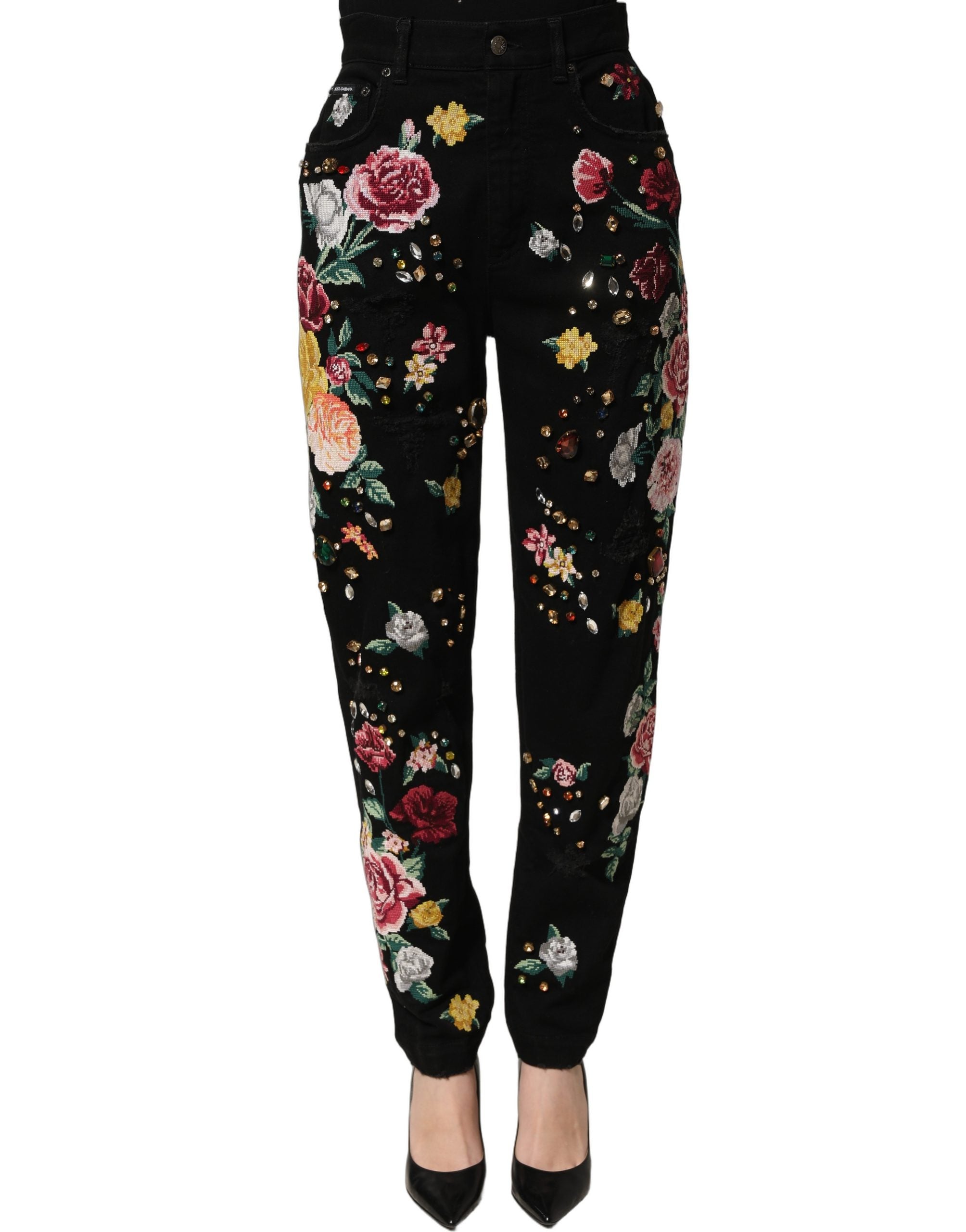 Pantalons en coton noir à fleurs Dolce & Gabbana, taille haute et coupe tapered, avec détails floraux élégants.