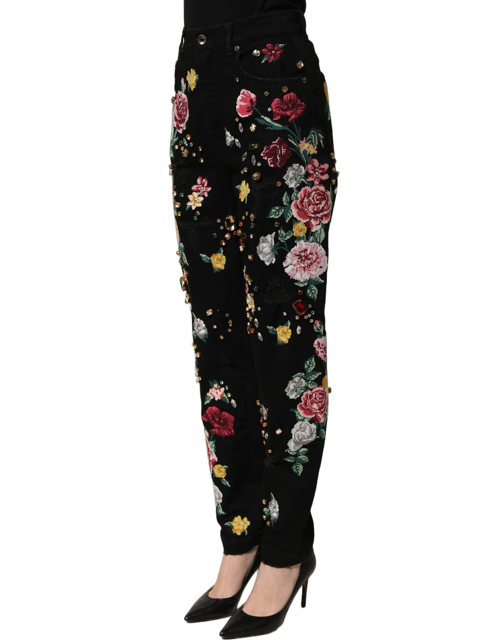 Pantalons taille haute en coton noir à fleurs Dolce & Gabbana, coupe tapered, style élégant et tendance.