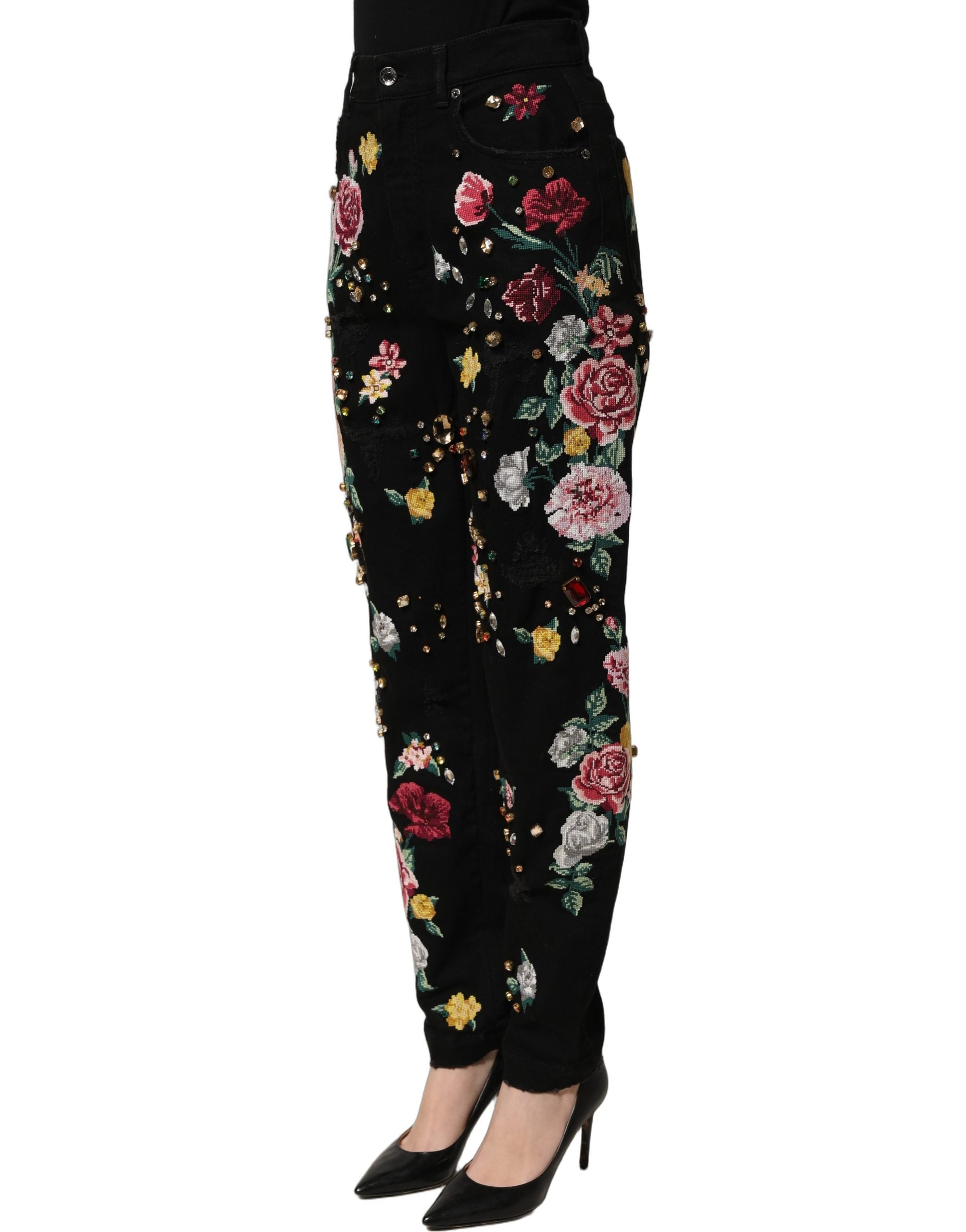 Pantalons taille haute en coton noir à fleurs Dolce & Gabbana, coupe tapered, style élégant et tendance.