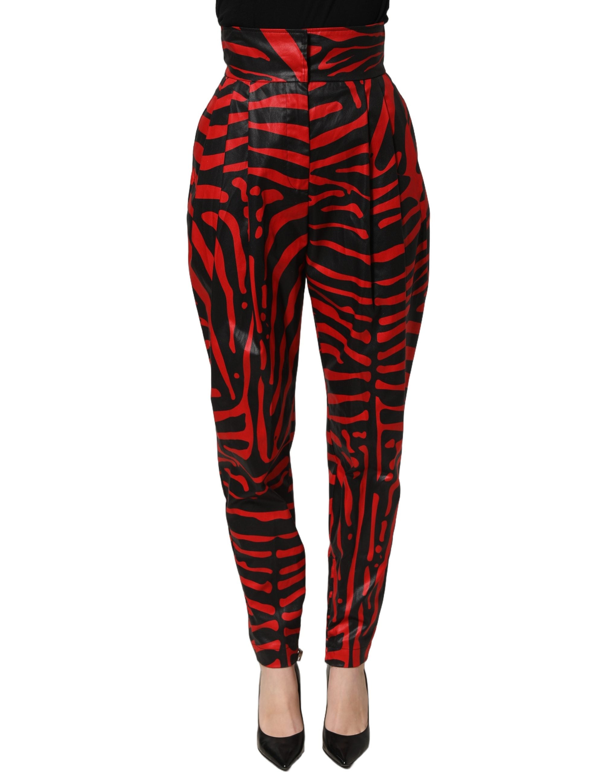 Pantalons en coton à taille haute Dolce & Gabbana avec imprimé zèbre rouge et noir, style élégant et tendance.