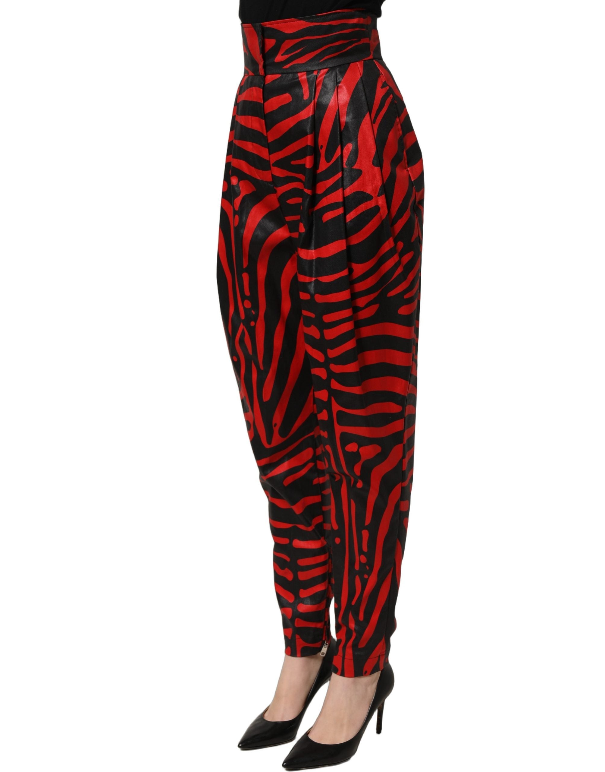 Pantalon en coton à taille haute Dolce & Gabbana, imprimé zèbre rouge et noir, style élégant et tendance.