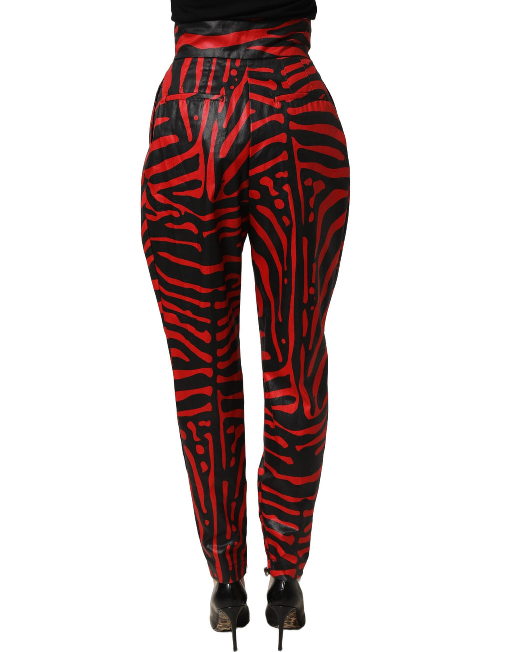 Pantalons en coton à taille haute Dolce & Gabbana, imprimé zèbre rouge et noir, style élégant et tendance.