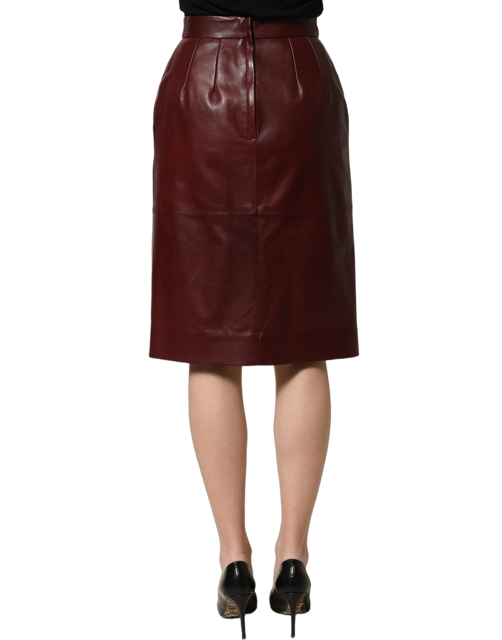 jupe midi en cuir bordeaux Dolce & Gabbana taille haute, coupe pencil, vue de face