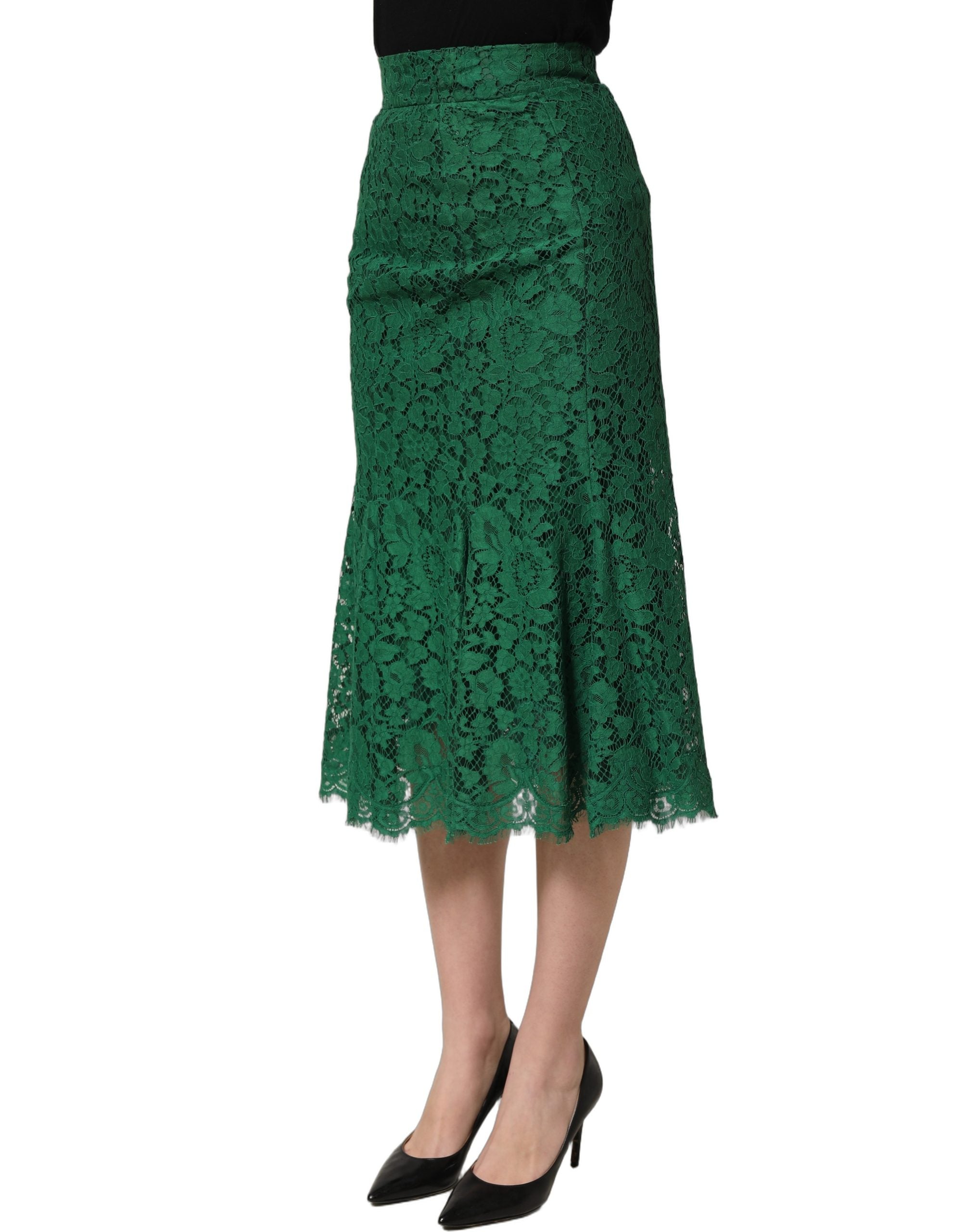 Jupe midi sirène en dentelle verte à taille haute de Dolce & Gabbana, élégante et sophistiquée.