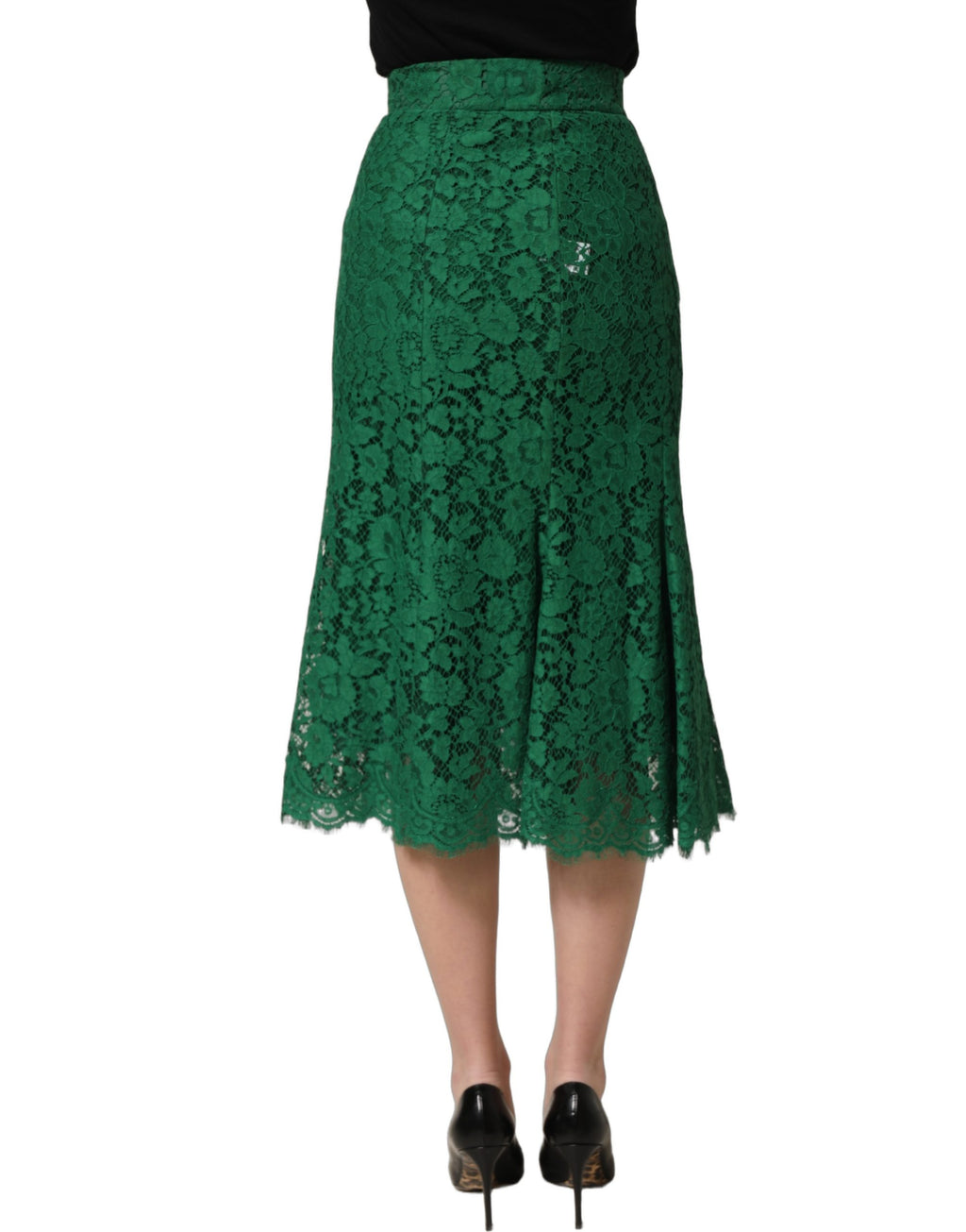 Jupe midi sirène en dentelle verte à taille haute de Dolce & Gabbana, élégante et sophistiquée, vue de face.