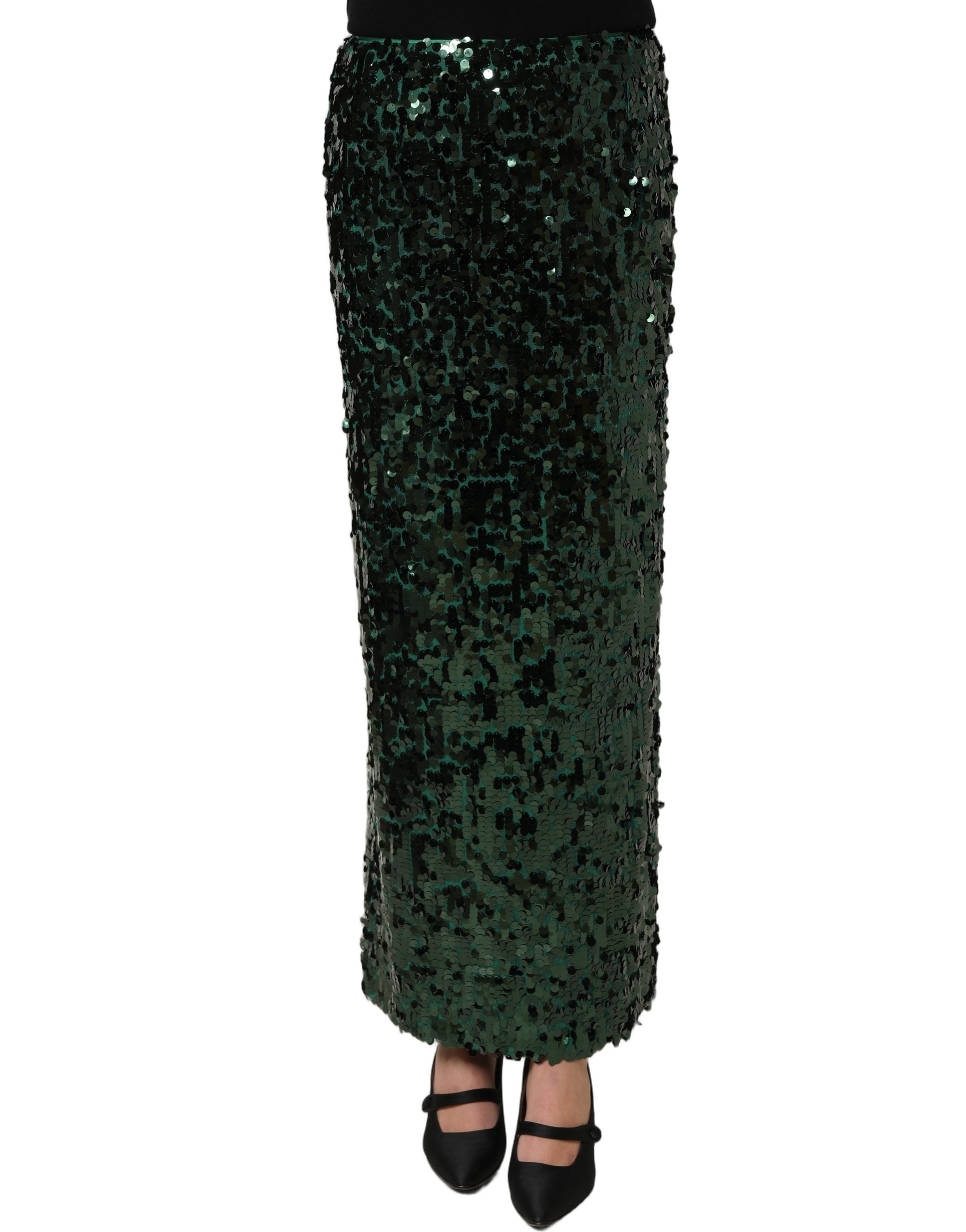 Jupe mi-longue en sequins verts à taille haute de Dolce & Gabbana, coupe pencil, style élégant et sophistiqué.