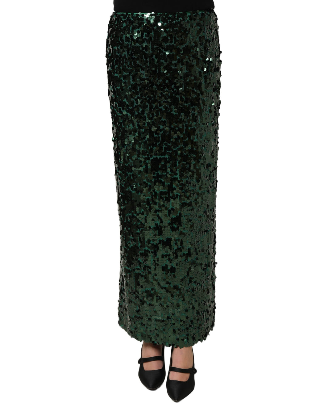 jupe midi en sequins verts Dolce & Gabbana, taille haute, coupe pince élégante, tissu brillant et sophistiqué