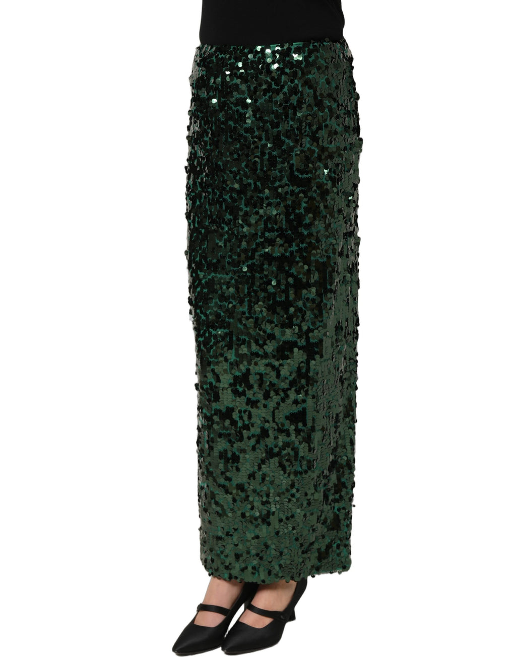 Jupe midi en sequins vert Dolce & Gabbana à taille haute, coupe crayon, élégante et brillante.
