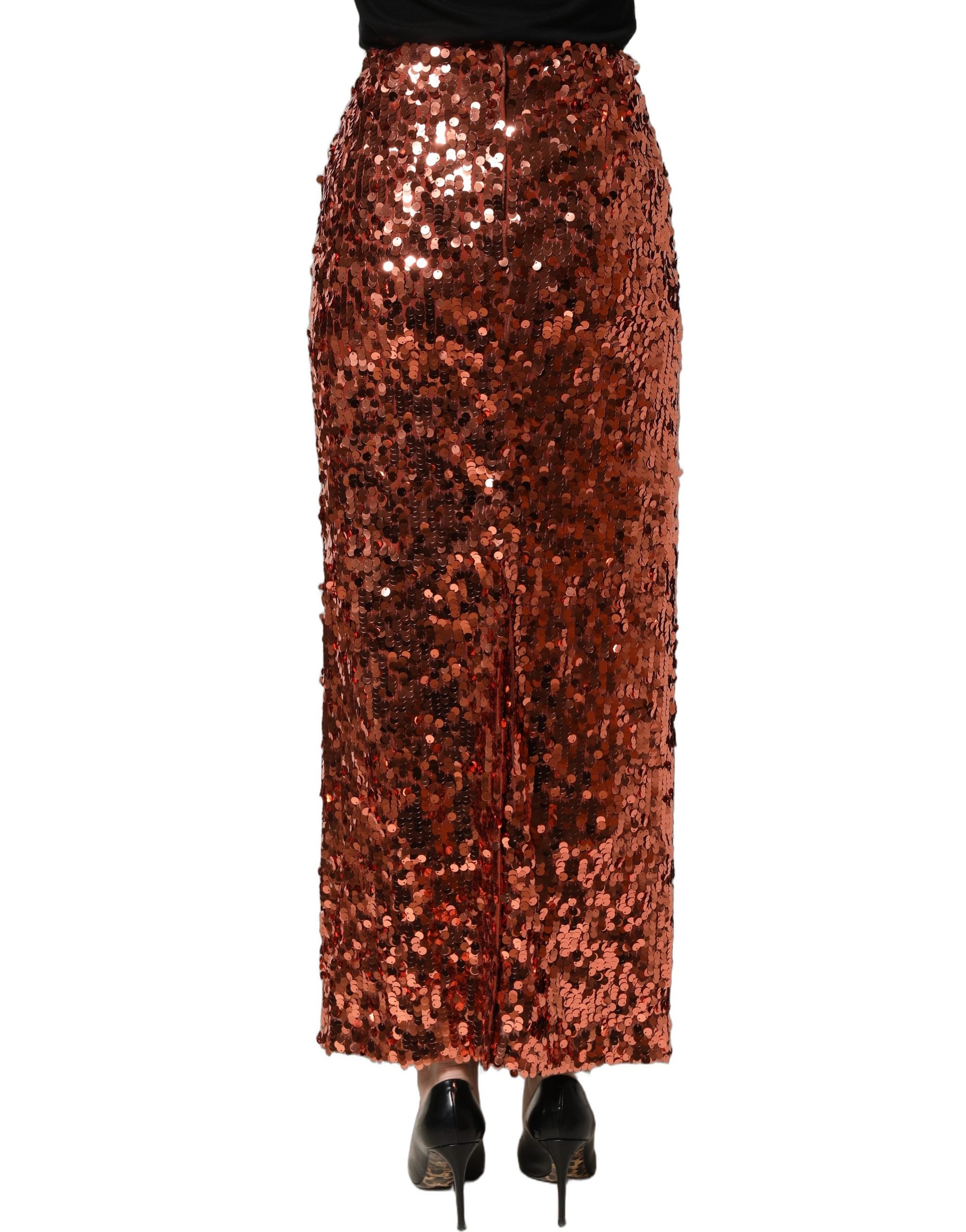 Jupe midi en sequins bronze à taille haute de Dolce & Gabbana, coupe pencil, élégante et brillante, pour une tenue sophistiquée.