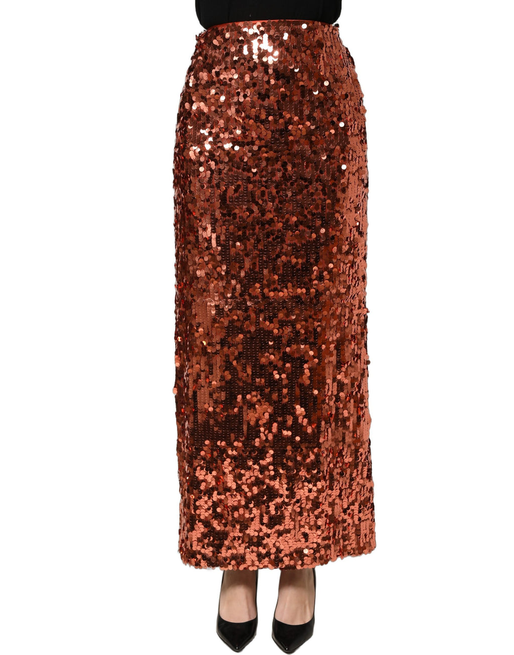Jupe midi en sequins bronze à taille haute de Dolce & Gabbana, coupe pencil, élégante et brillante.