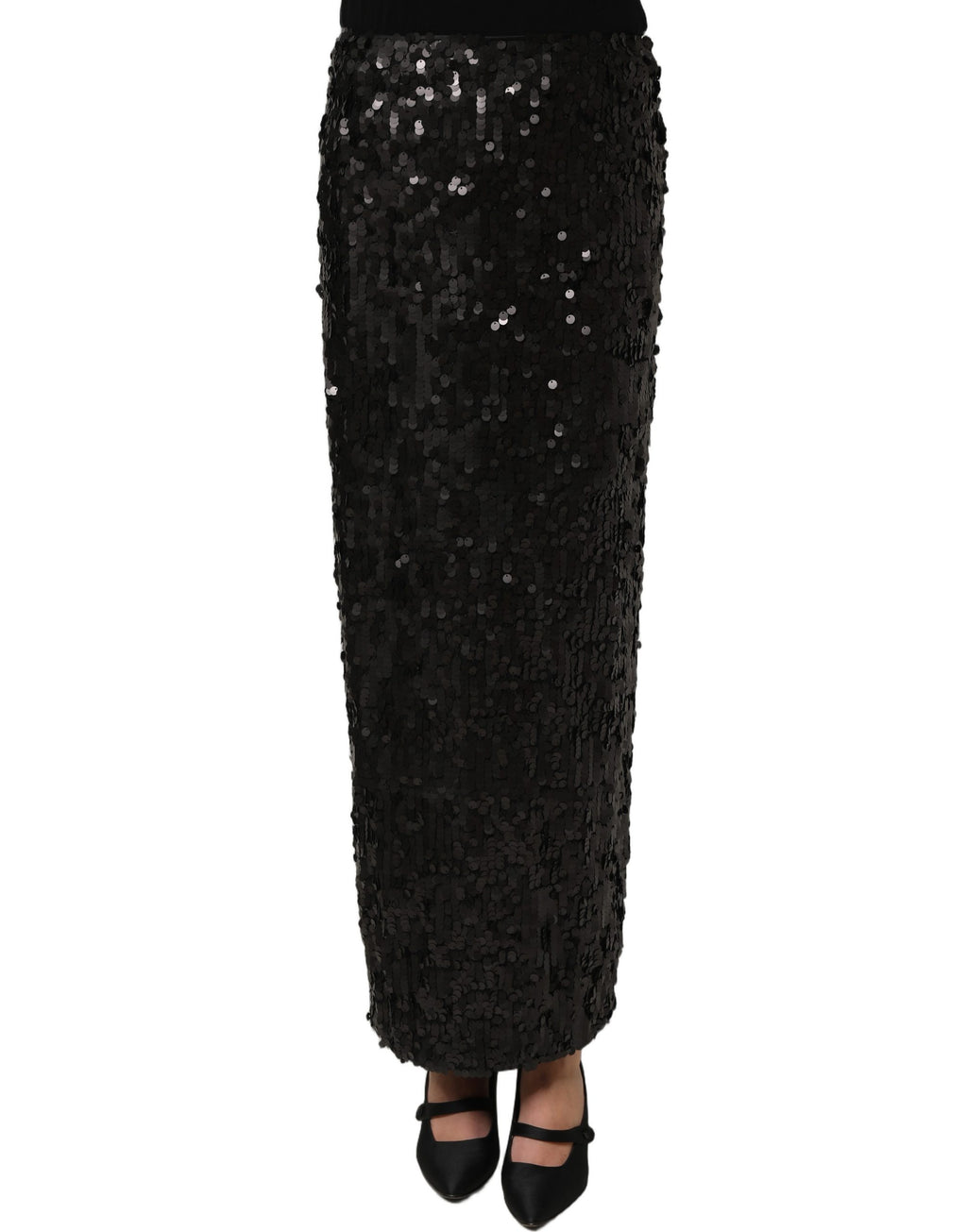 Jupe mi-longue Dolce & Gabbana noire à sequins, taille haute, coupe fuselée, style élégant et sophistiqué.