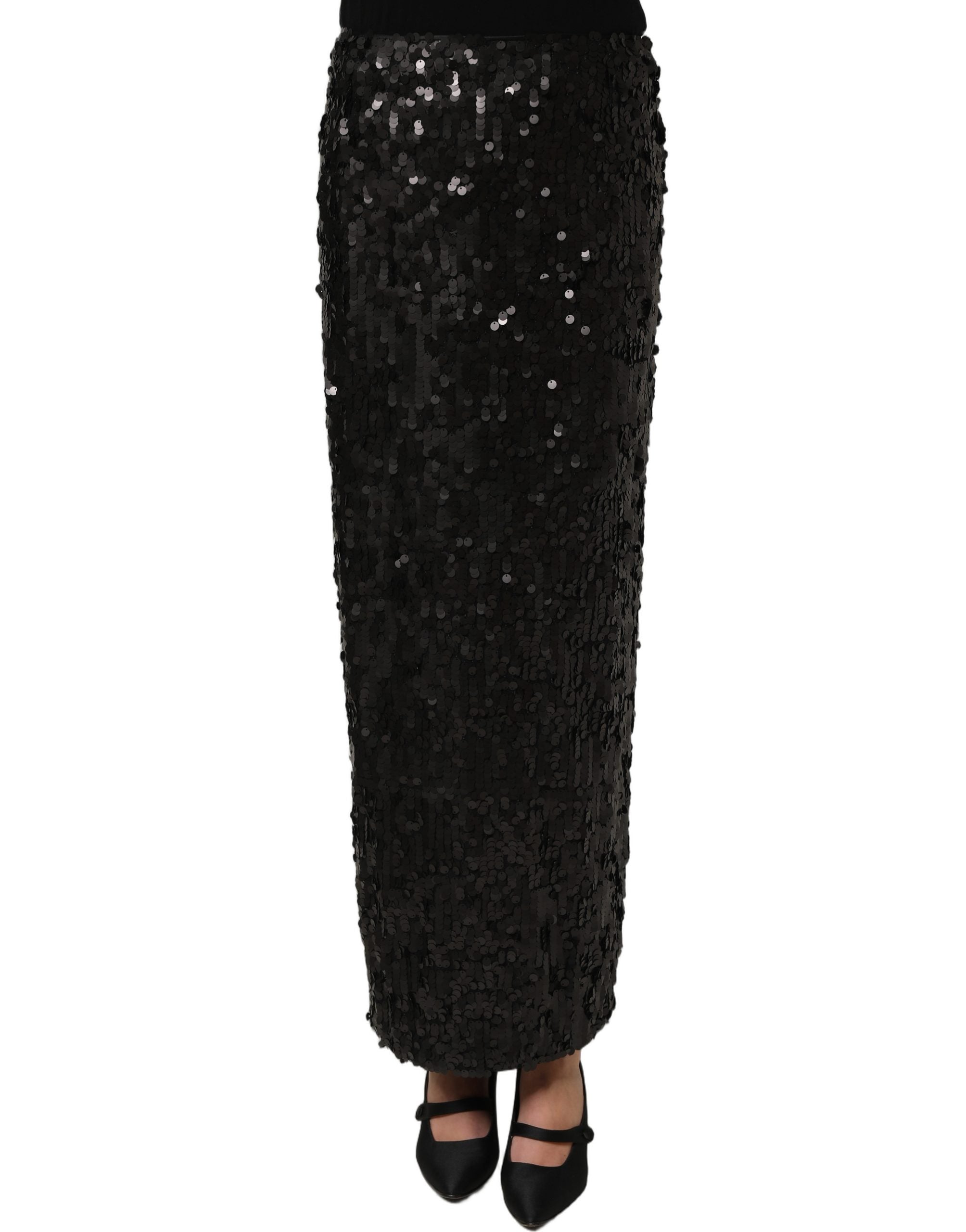 Jupe mi-longue Dolce & Gabbana noire à sequins, taille haute, coupe fuselée, style élégant et sophistiqué.