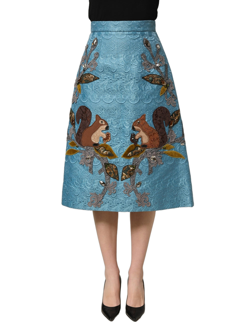 Jupe midi en jacquard bleu Dolce & Gabbana avec broderies, coupe en ligne A élégante et sophistiquée.