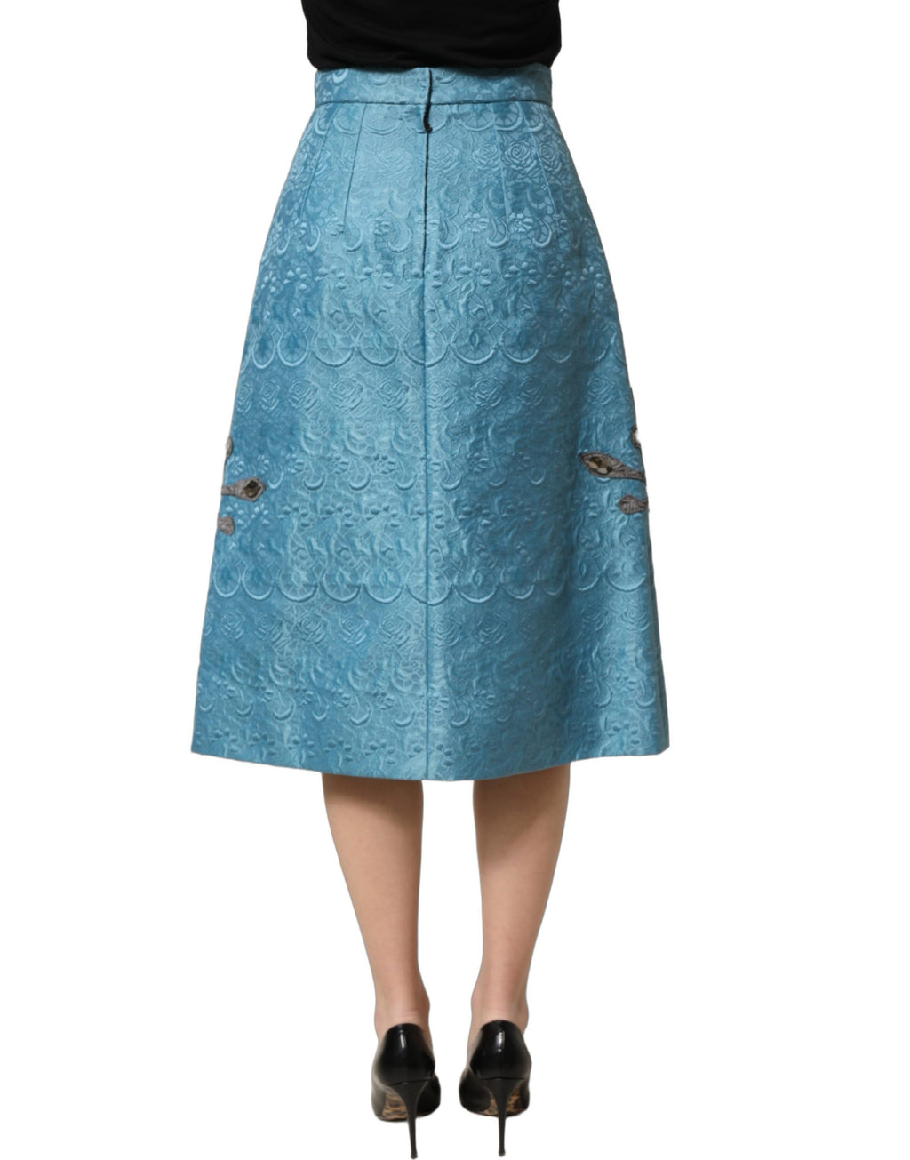Jupe midi en jacquard bleu à broderies de Dolce & Gabbana, coupe en A élégante et sophistiquée.