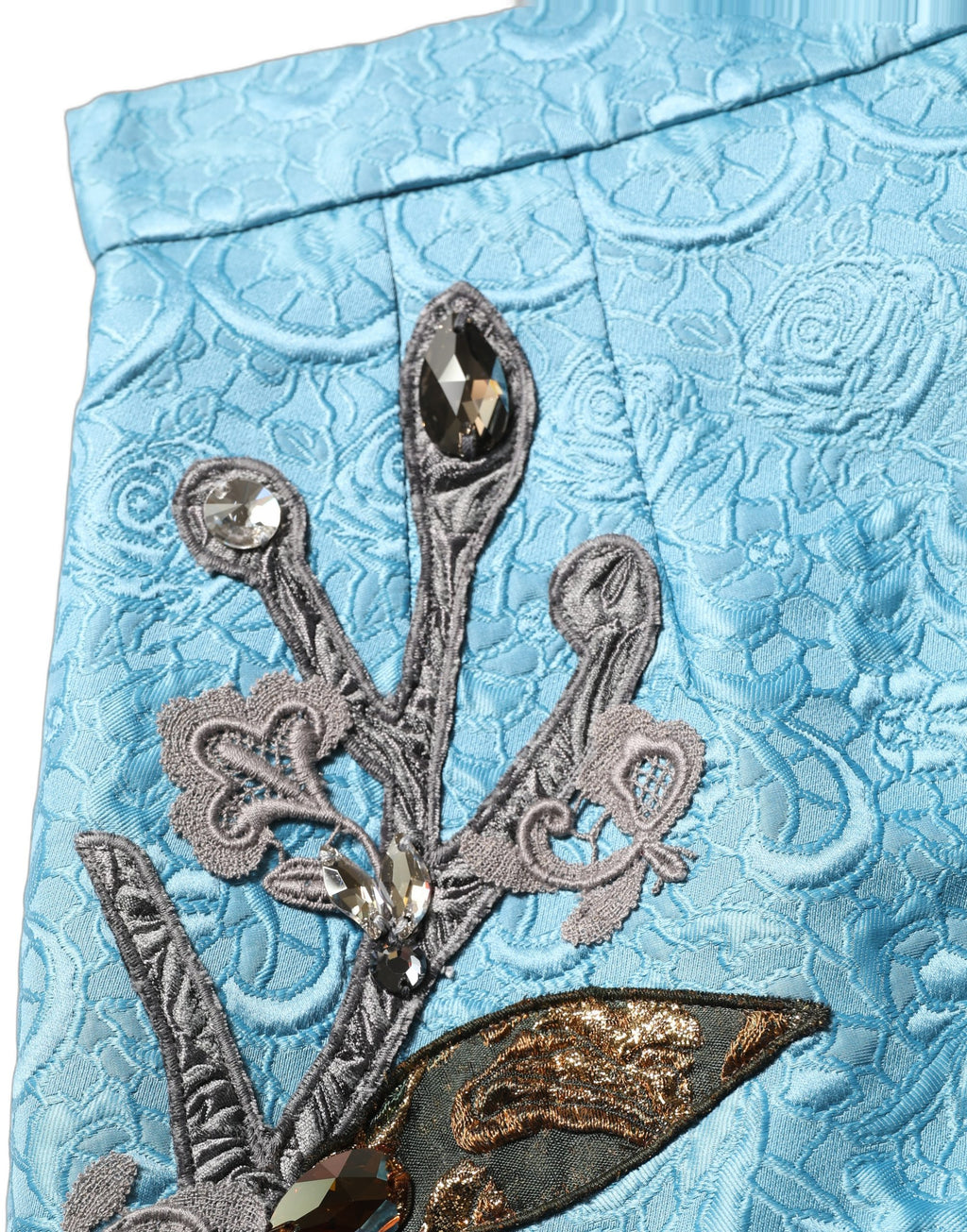 Jupe midi évasée Dolce & Gabbana en jacquard bleu brodé, style A-line, élégante et sophistiquée.
