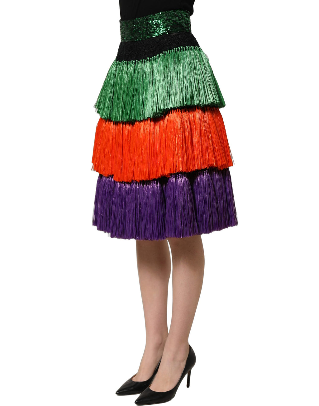 Jupe longue à la taille haute Dolce & Gabbana multicolore avec franges, longueur genou, style élégant et sophistiqué.