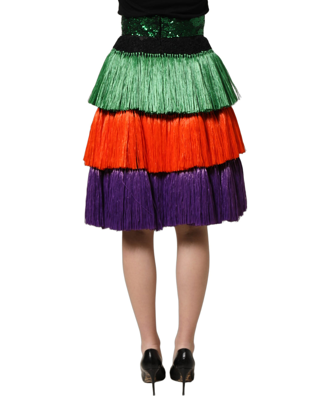 Jupe longue à taille haute Dolce & Gabbana avec franges multicolores, style élégant et tendance, longueur au genou.