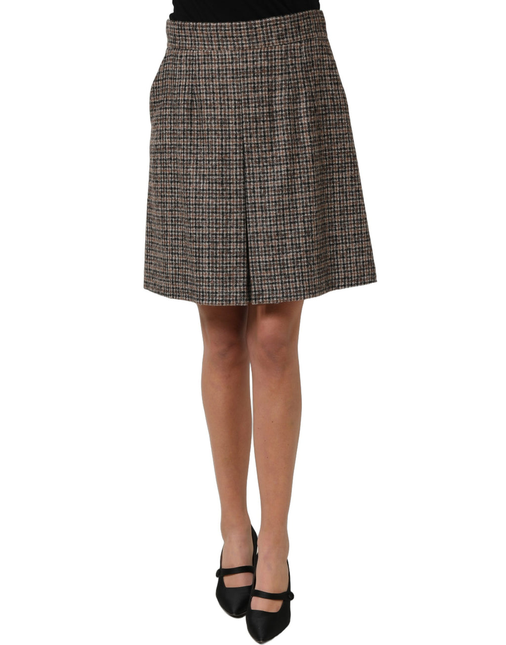 Jupe courte en tweed marron à taille haute de Dolce & Gabbana, style évasé A-line, idéale pour un look élégant.