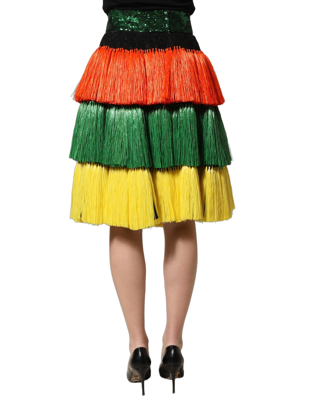 Jupe longue à la taille haute Dolce & Gabbana avec franges colorées et sequins, longueur au genou, style élégant et brillant.