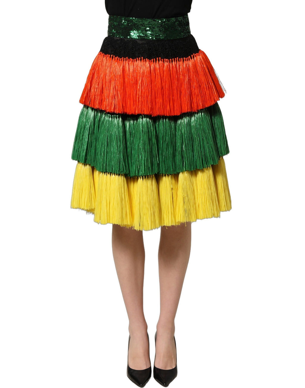 Jupe longue à la taille haute Dolce & Gabbana à paillettes multicolores avec franges, longueur genou, style élégant et festif