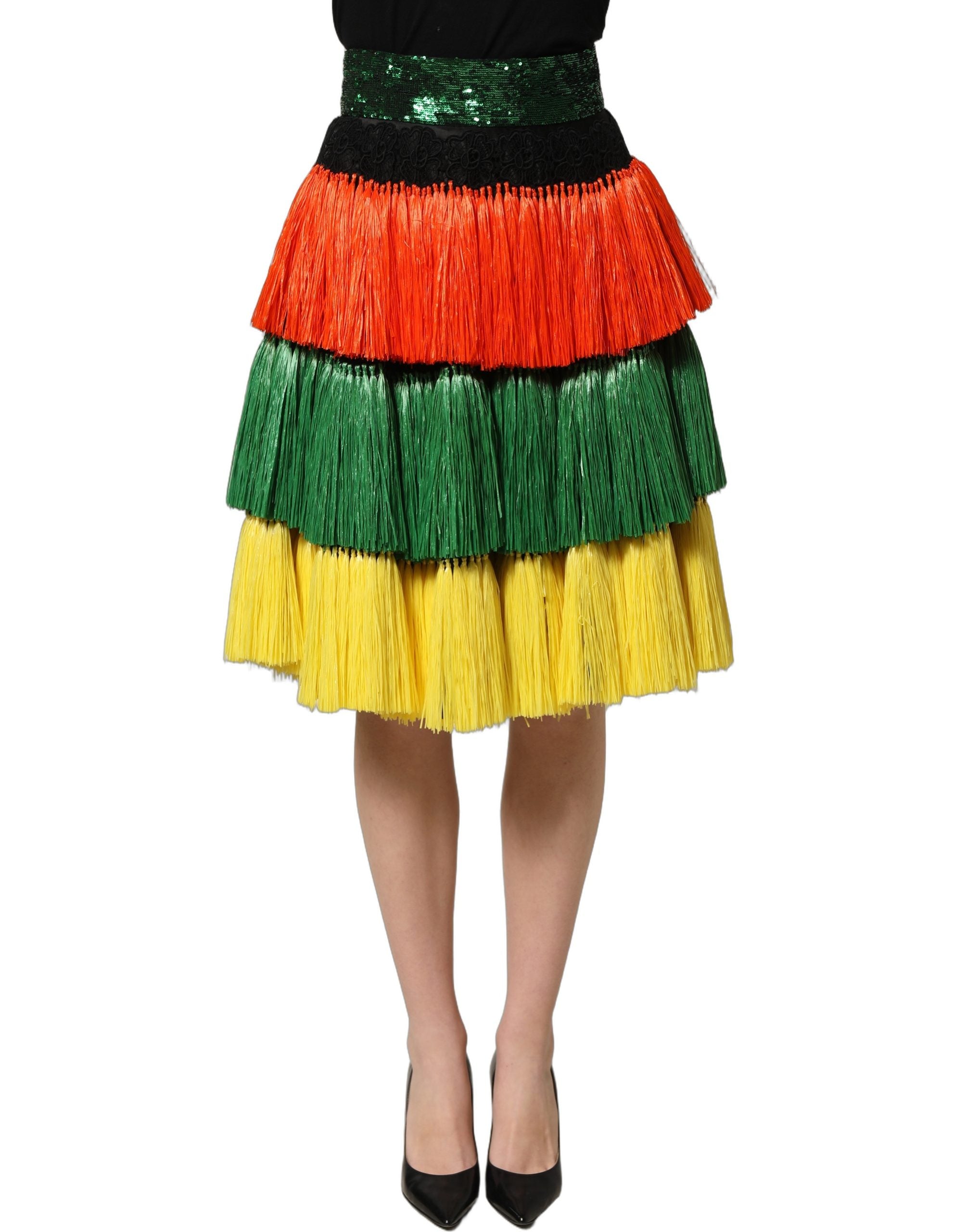 Jupe longue à la taille haute Dolce & Gabbana à paillettes multicolores avec franges, longueur genou, style élégant et festif