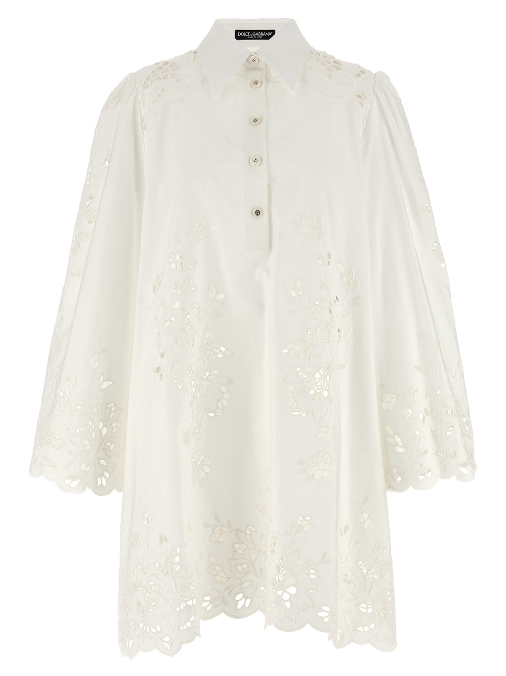 Robe courte en coton blanc de Dolce & Gabbana, silhouette élégante avec détails sophistiqués, portée décontractée ou habillée.