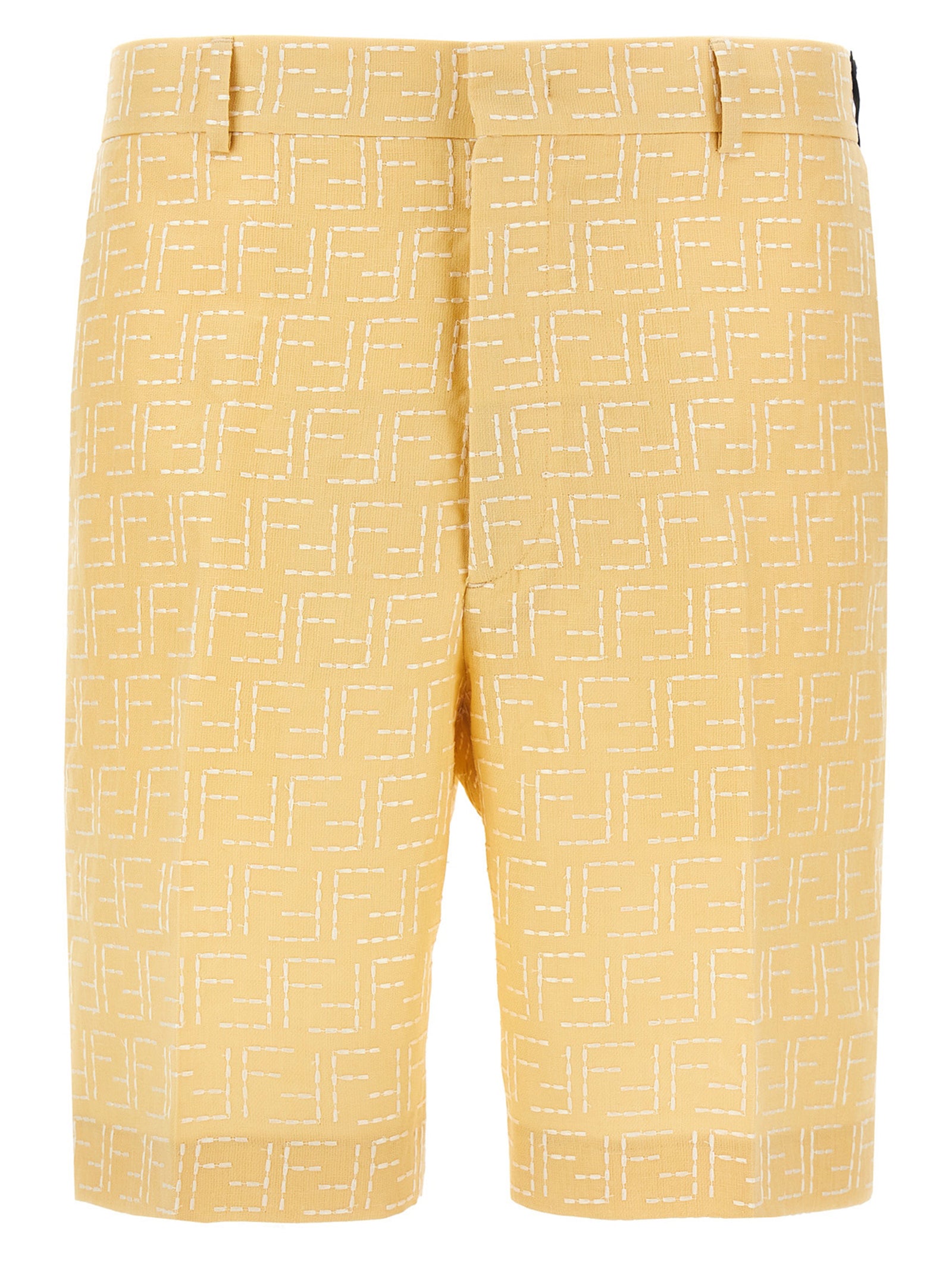 Shorts bermuda en lin bicolore de Fendi, style élégant, avec détails sophistiqués, visibles en tissu léger et coloré.