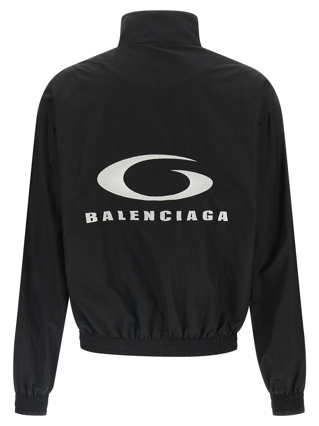 Veste bomber en coton noir de Balenciaga, avec détails modernes et coupe élégante, vue de face.
