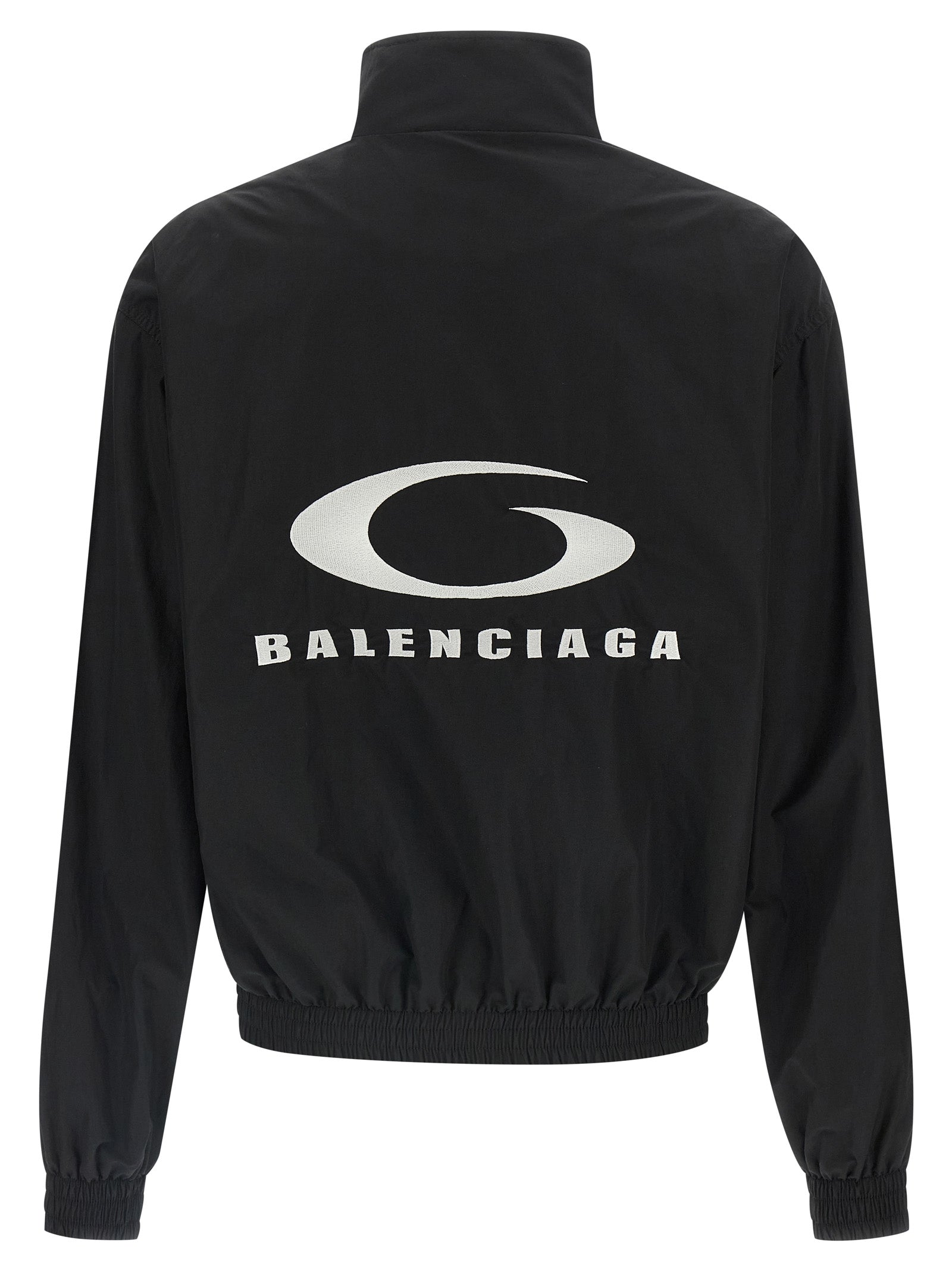 Veste bomber en coton noir de Balenciaga, avec détails modernes et coupe élégante, vue de face.