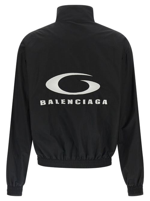 Veste bomber en coton noir de Balenciaga, avec détails modernes et coupe élégante, vue de face.