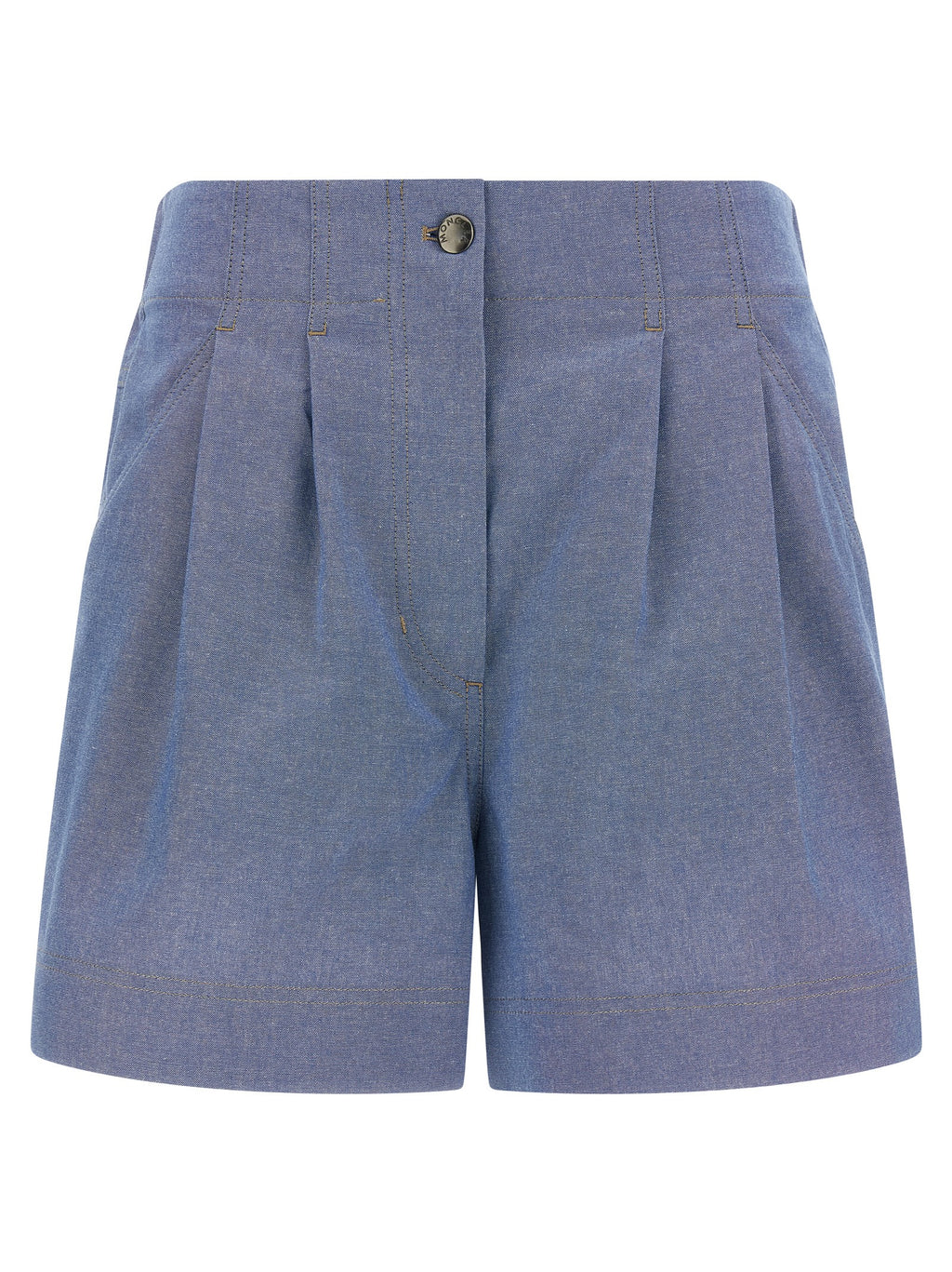 Shorts Bermuda en coton bleu Moncler Grenoble, style décontracté, avec ceinture et poches visibles.