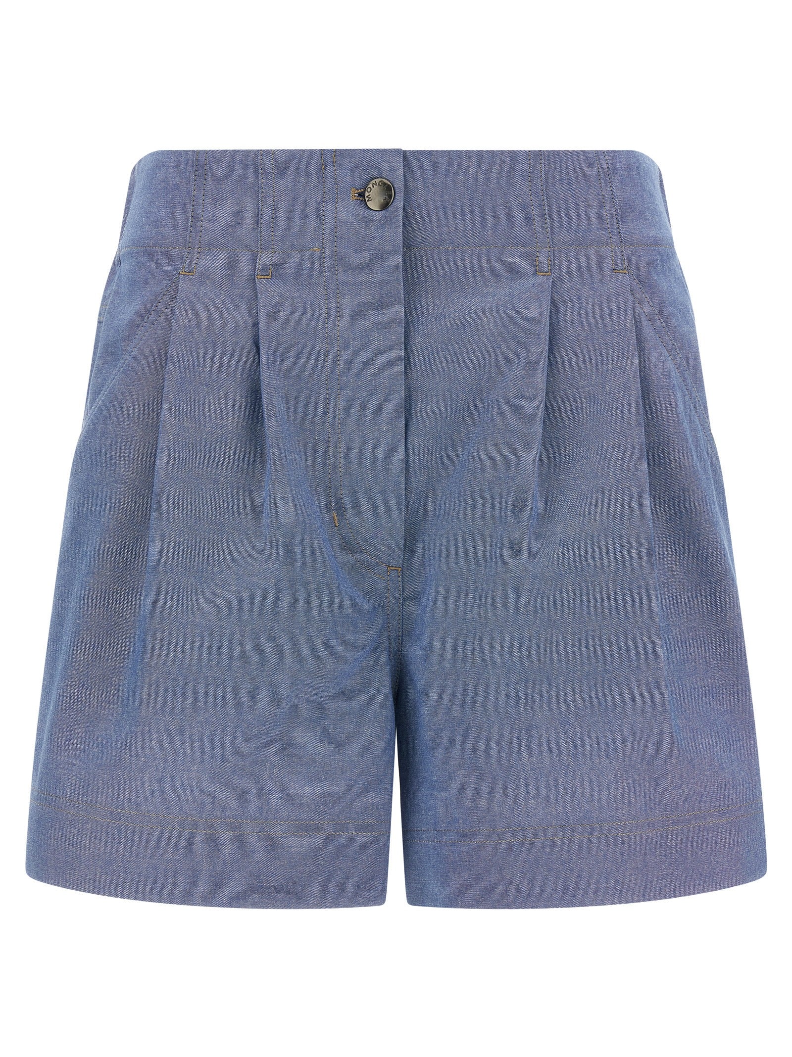 Shorts Bermuda en coton bleu Moncler Grenoble, style décontracté, avec ceinture et poches visibles.