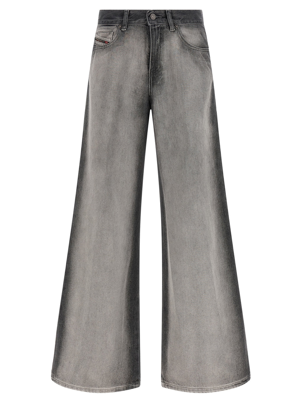 Pantalon jeans évasé en coton gris de la marque Diesel, vue de face sur un fond neutre.