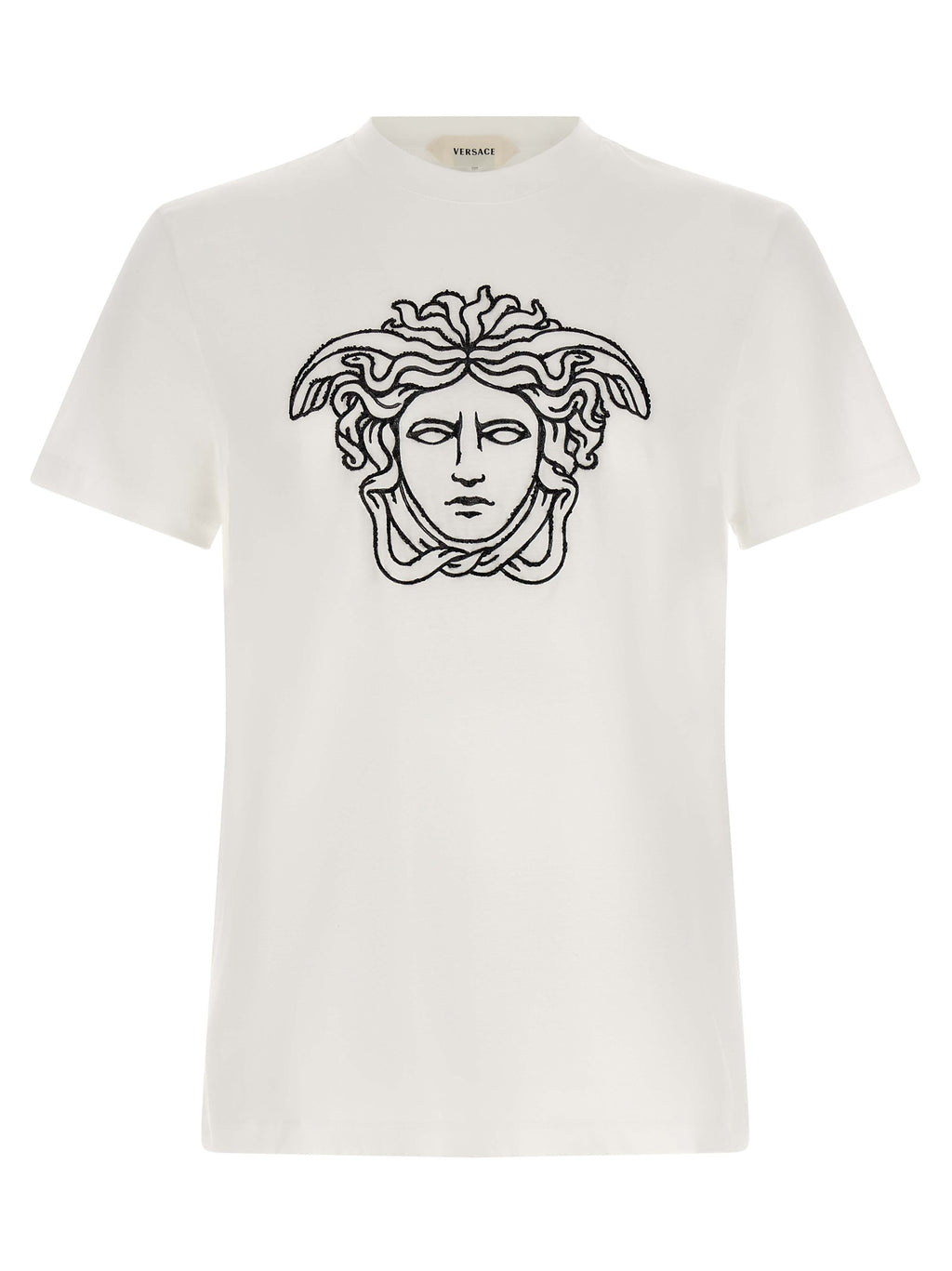 T-shirt en coton bicolore Versace, coupe classique avec logo emblématique, en blanc et noir, pour un style élégant.