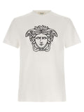 T-shirt en coton bicolore Versace, coupe classique avec logo emblématique, en blanc et noir, pour un style élégant.